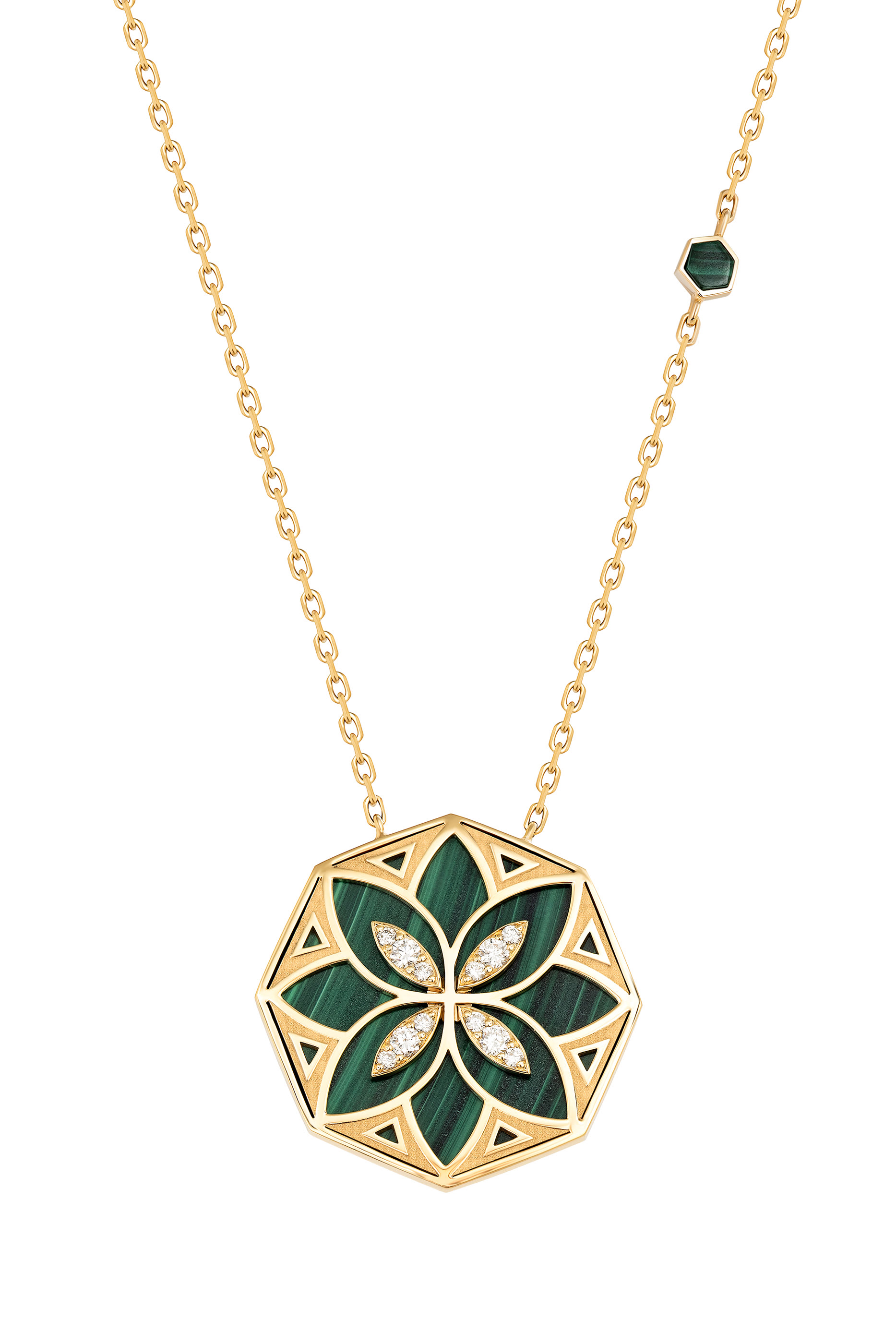 Ward Turath Large Necklace, 18k Yellow Gold & Malachite, Diamonds