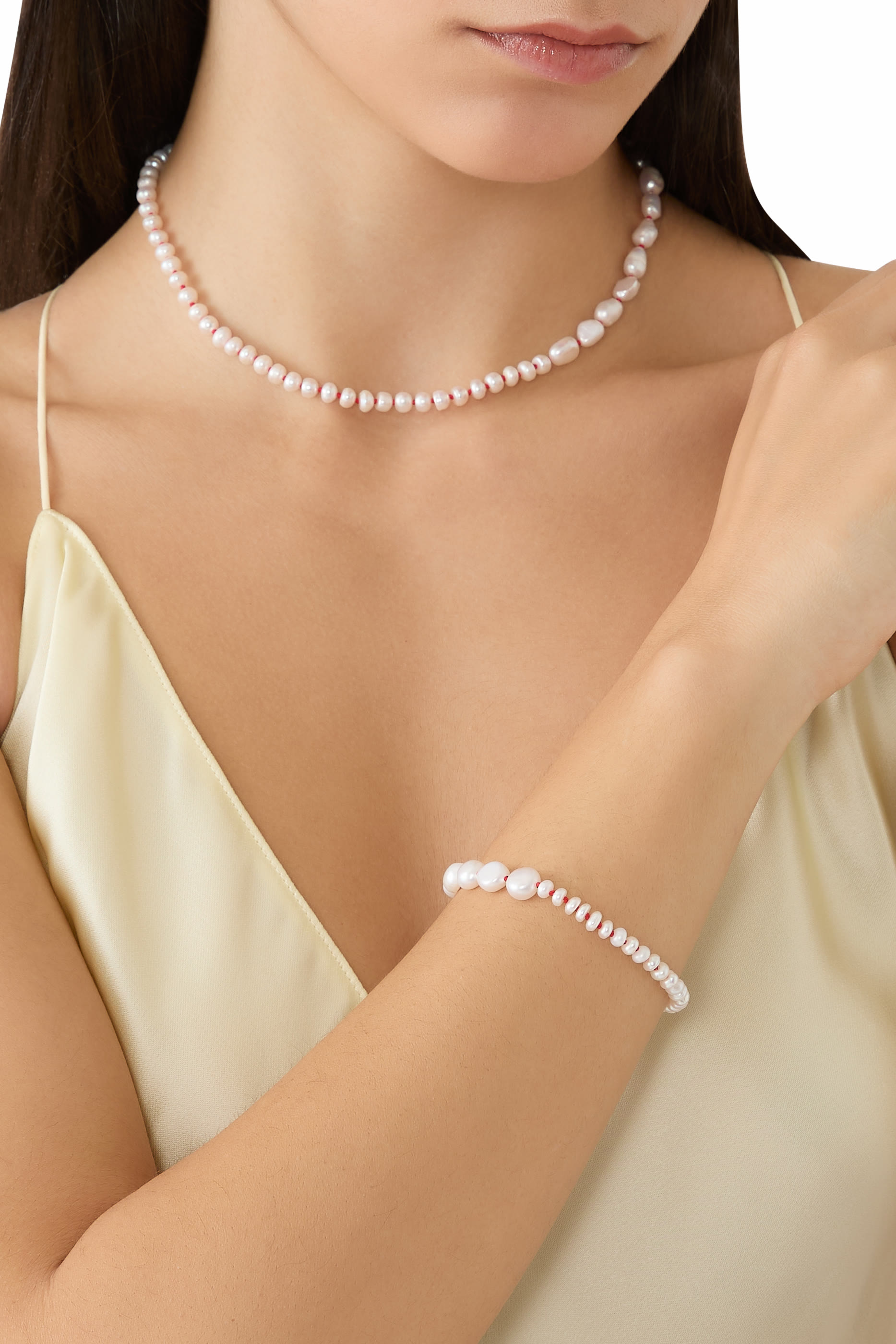 The Mira Necklace with Red Cord, Freshwater Pearls