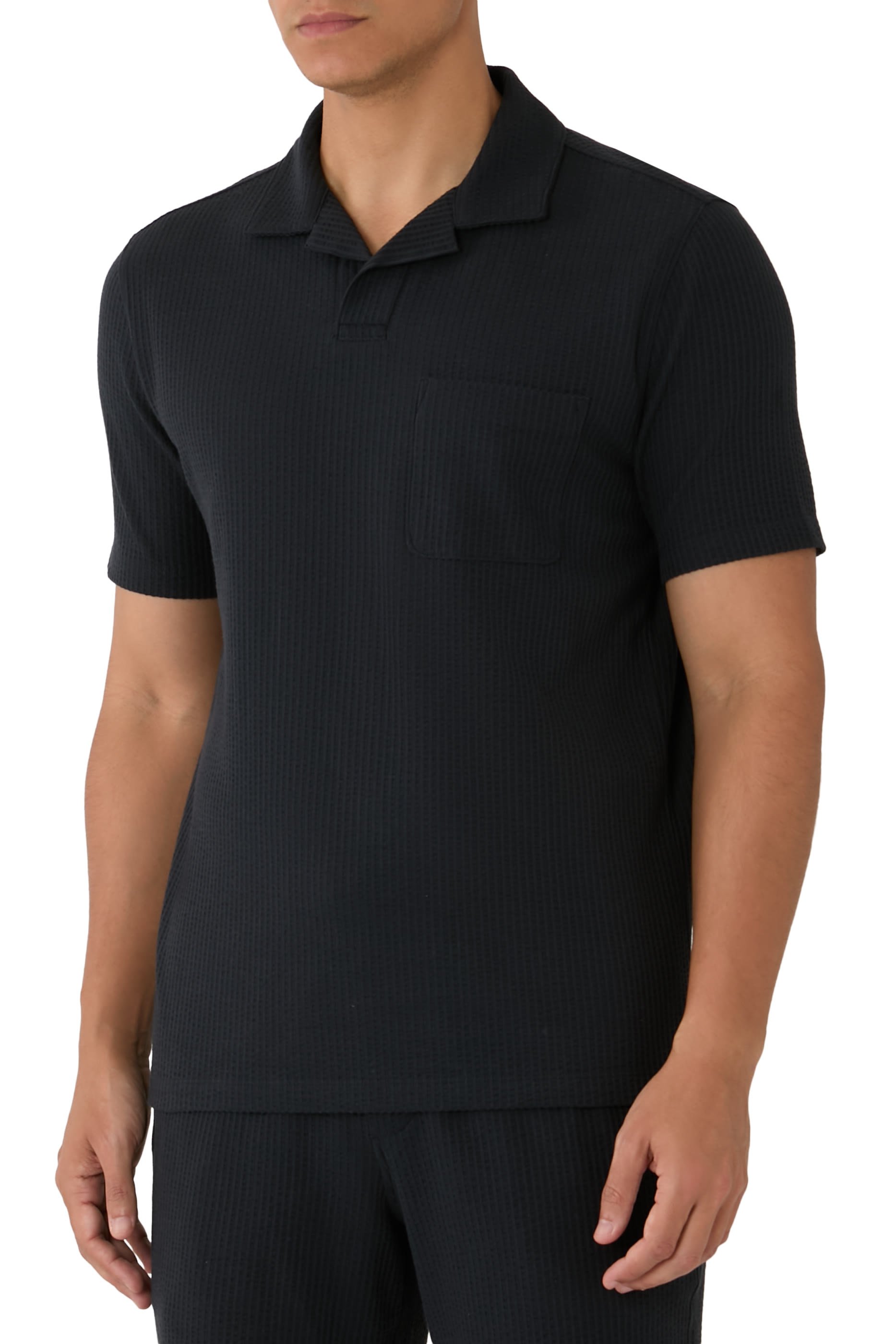 Seersucker-Knit Stretch-Cotton Johnny-Collar Shirt