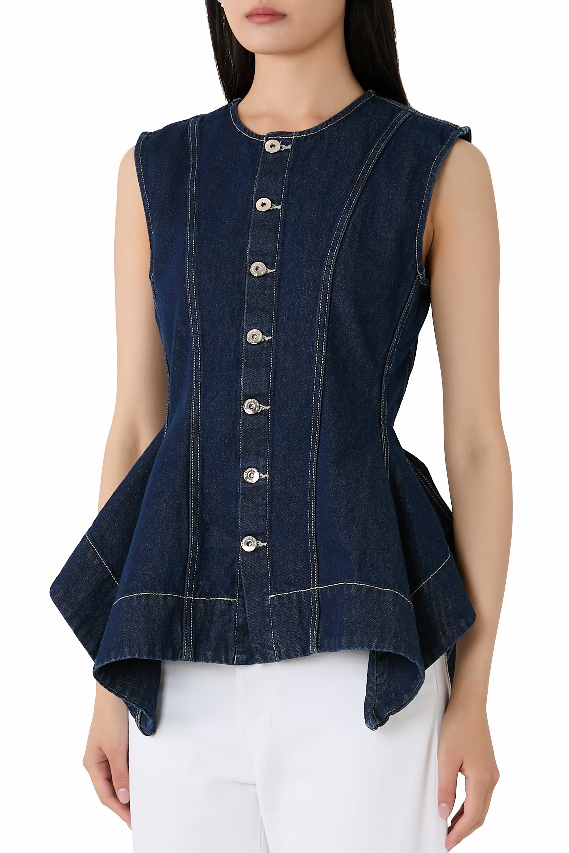 Button-Up Denim Peplum Vest