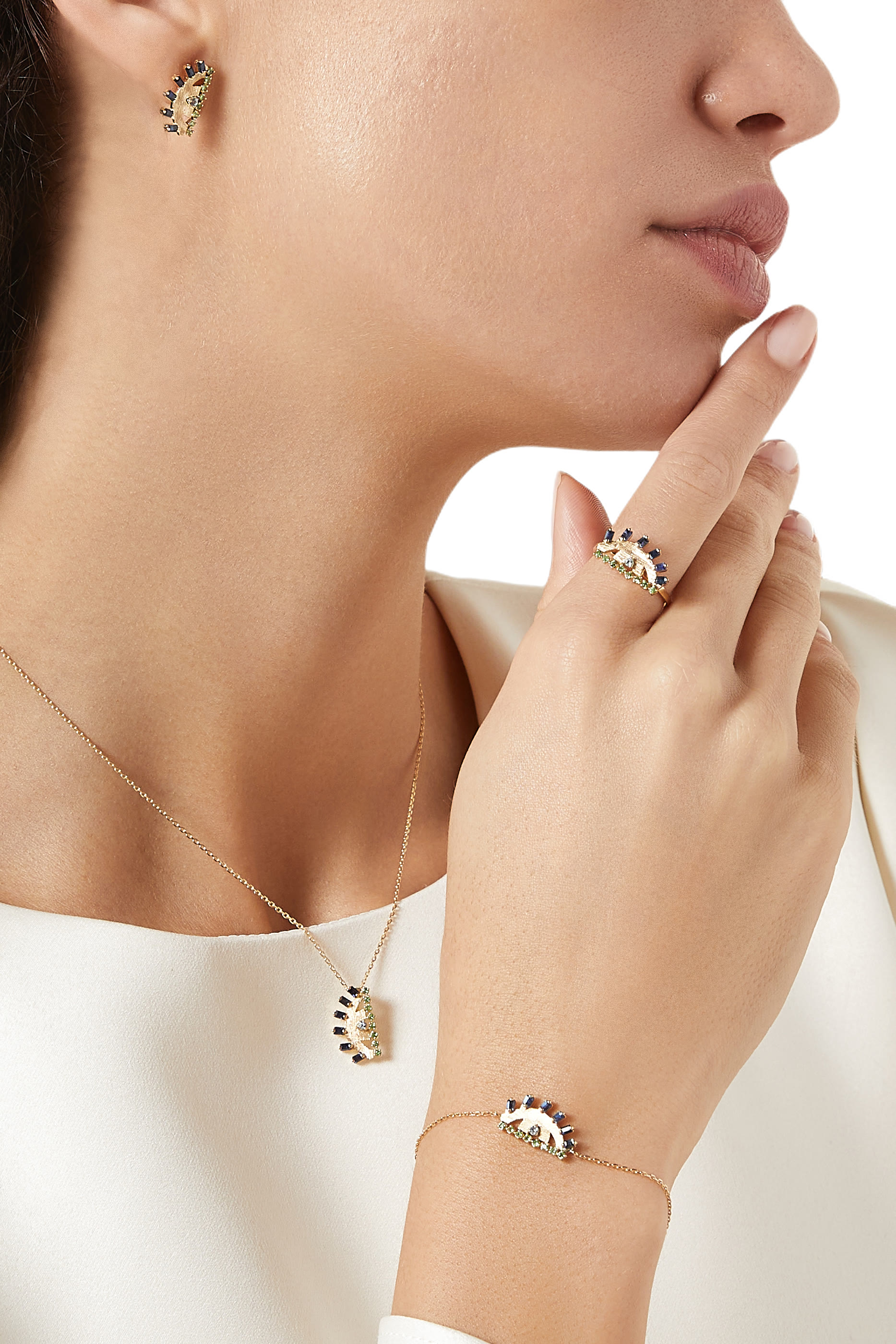 Ya Ein Necklace, 18k Yellow Gold & Topaz, Emerald, Sapphire