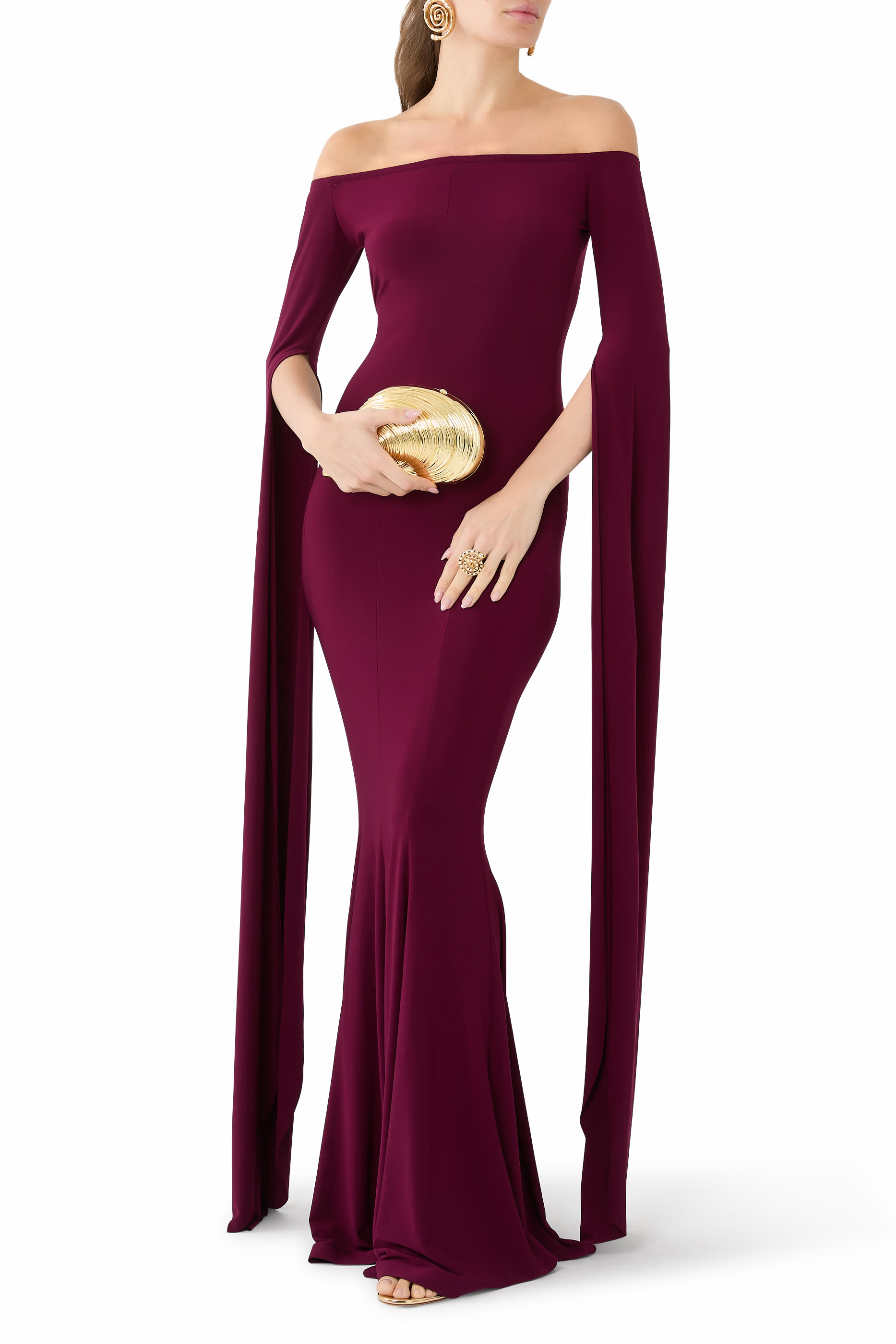 Off Shoulder Ribbon Sleeve Fishtail Gown