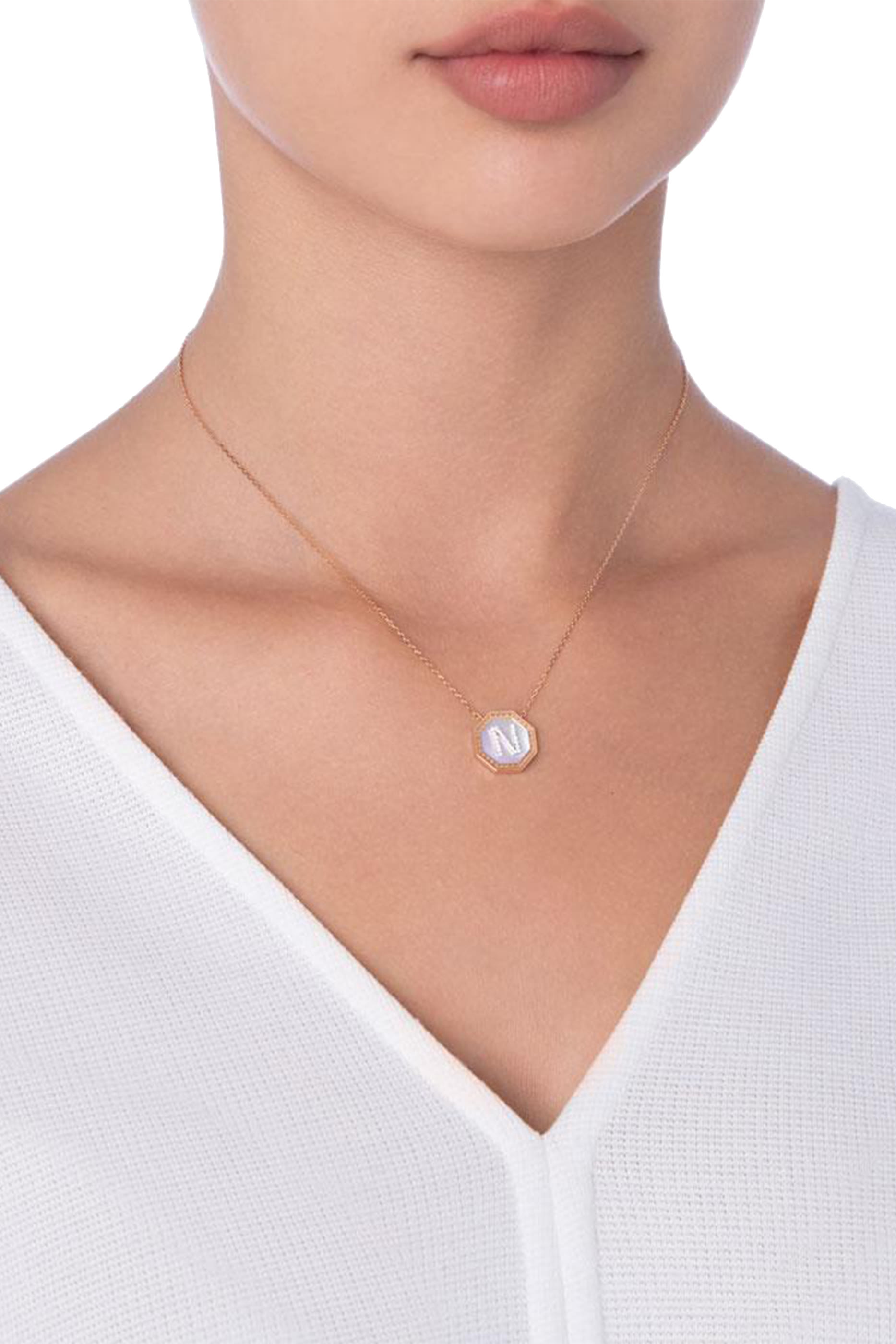 Harf Turath Letter N Pendant Necklace, 18k Rose Gold, Diamonds & Mother of Pearl