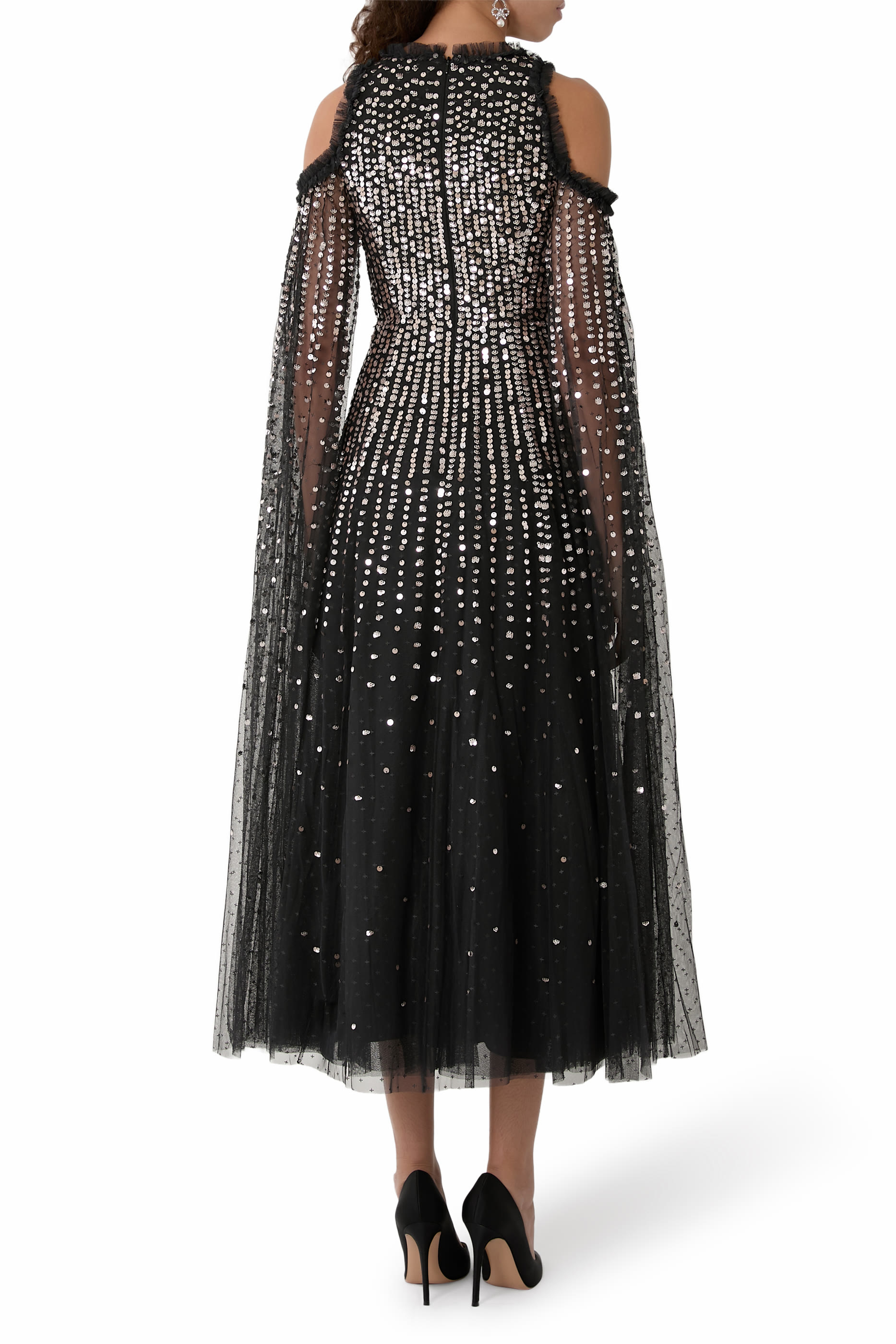 Moonlight Sequin Cape Sleeves Ankle Gown