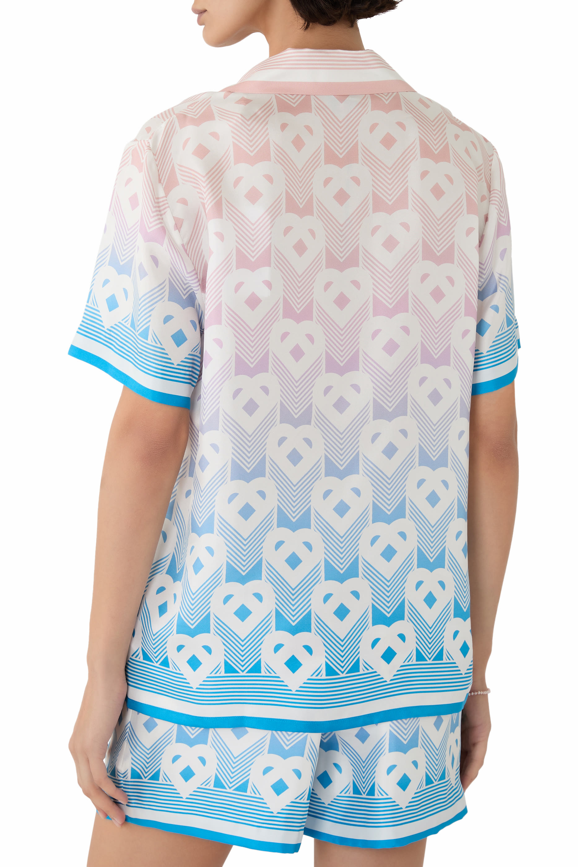  Gradient Heart Monogram Silk Short-Sleeve Shirt
