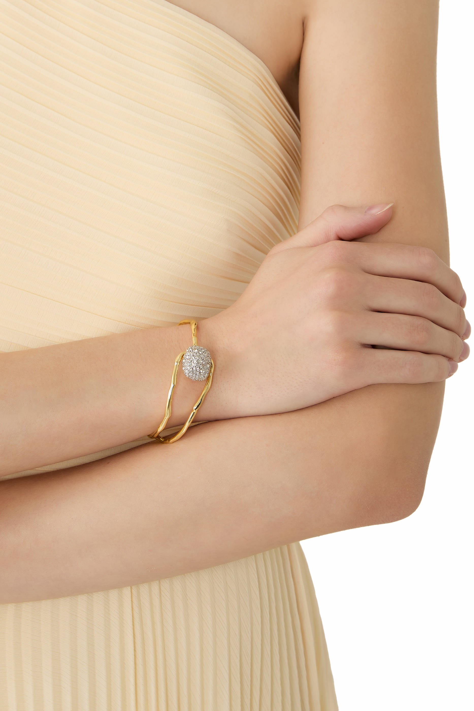Solanales Crystal Cuff Bracelet, 14k Gold Plated Brass with Rhodium Tone Plated Brass & Crystal