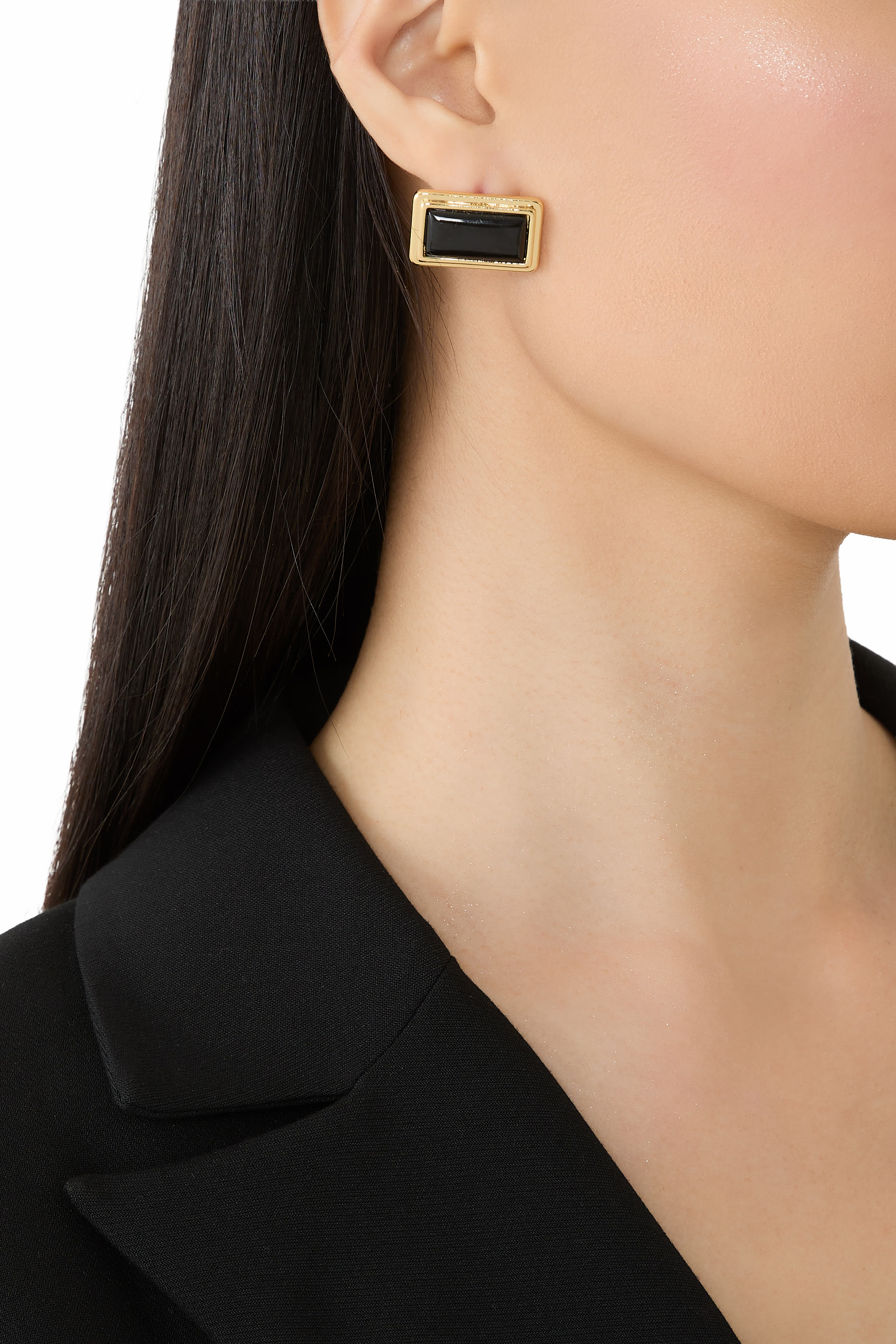 Archer Rectangle Earrings,  Brass with Gold Plating & Black Enamel