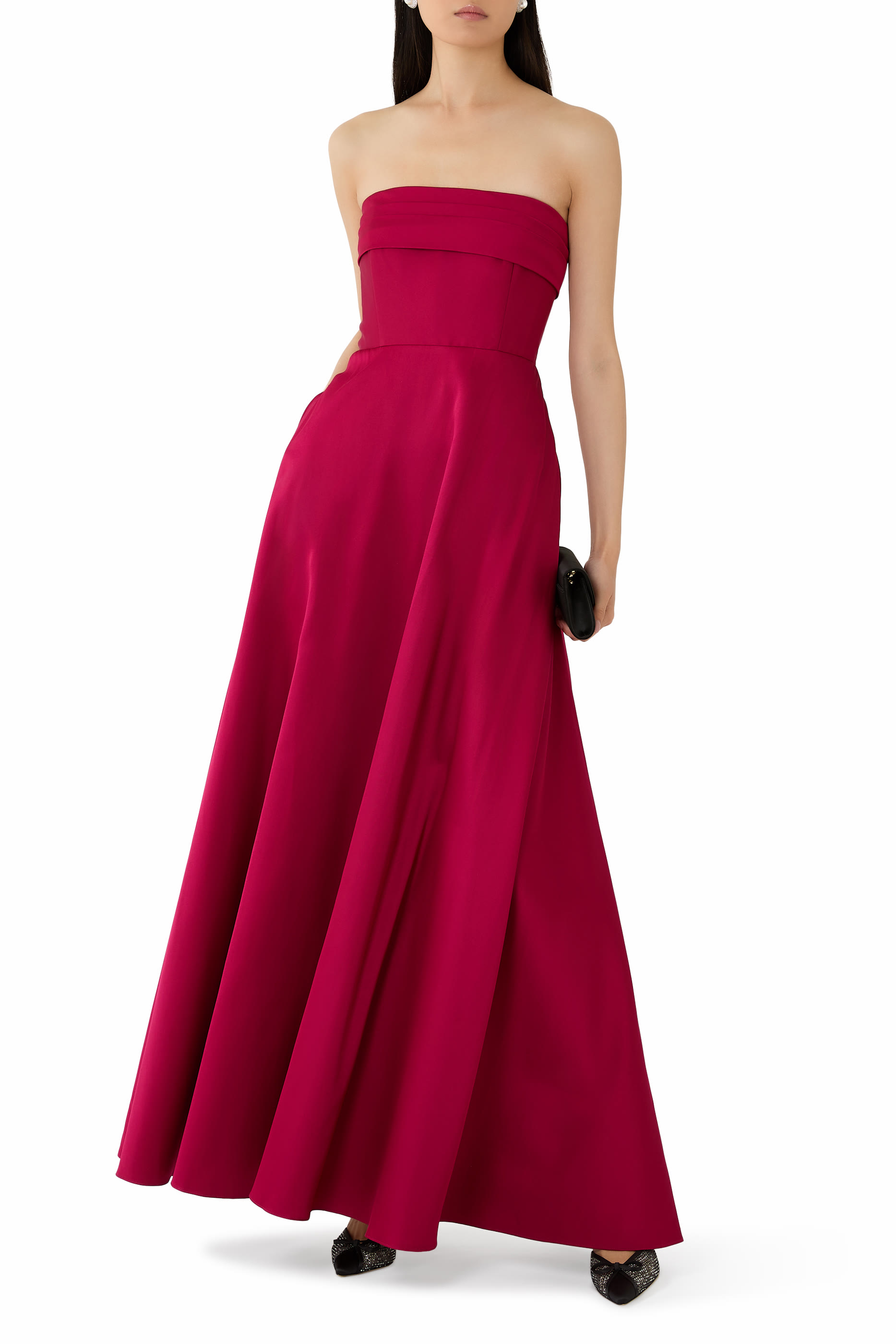 Pleated Bust Taffeta Evening Gown