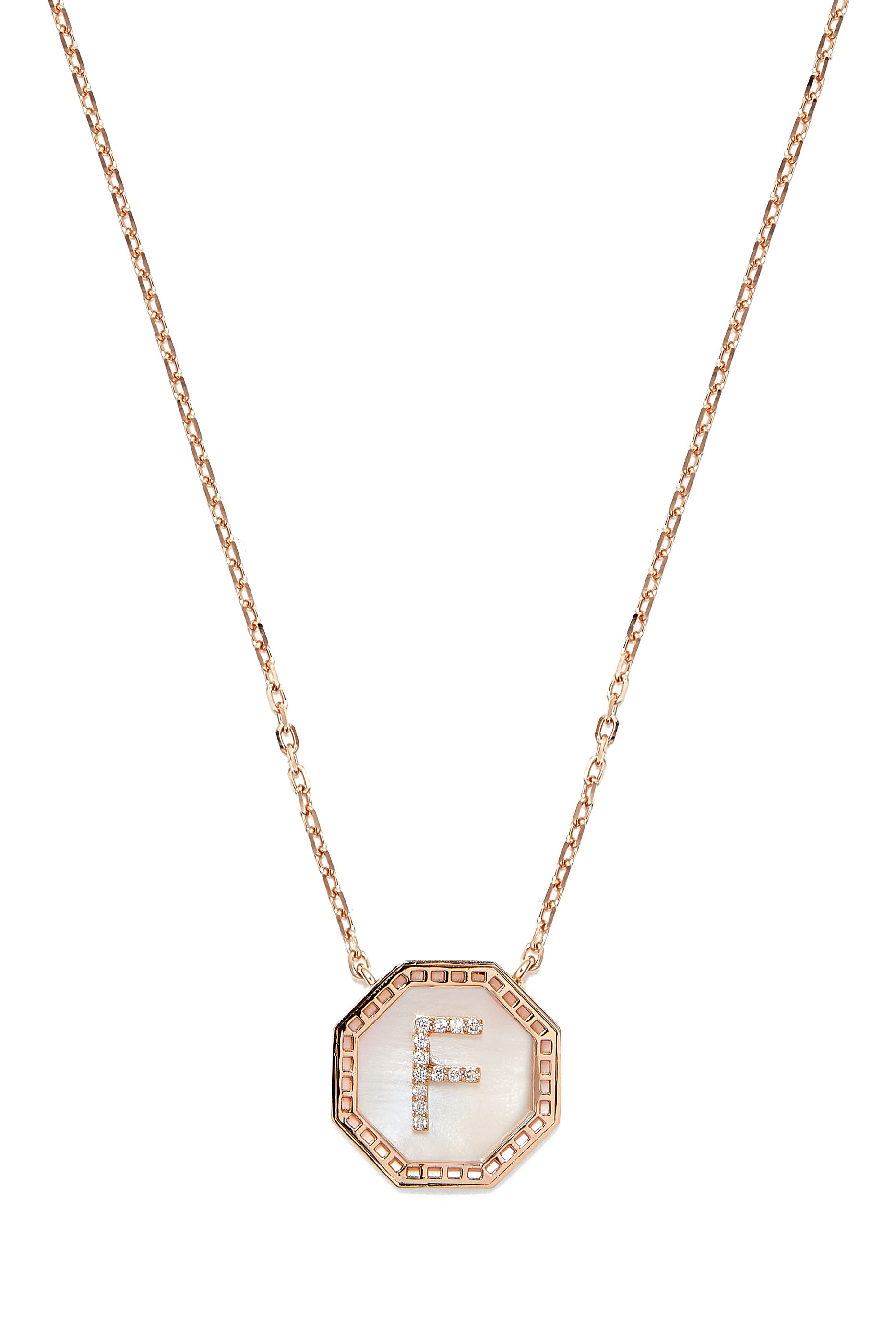 Harf Turath Letter F Pendant, 18k Rose Gold, Diamonds & Mother of Pearl