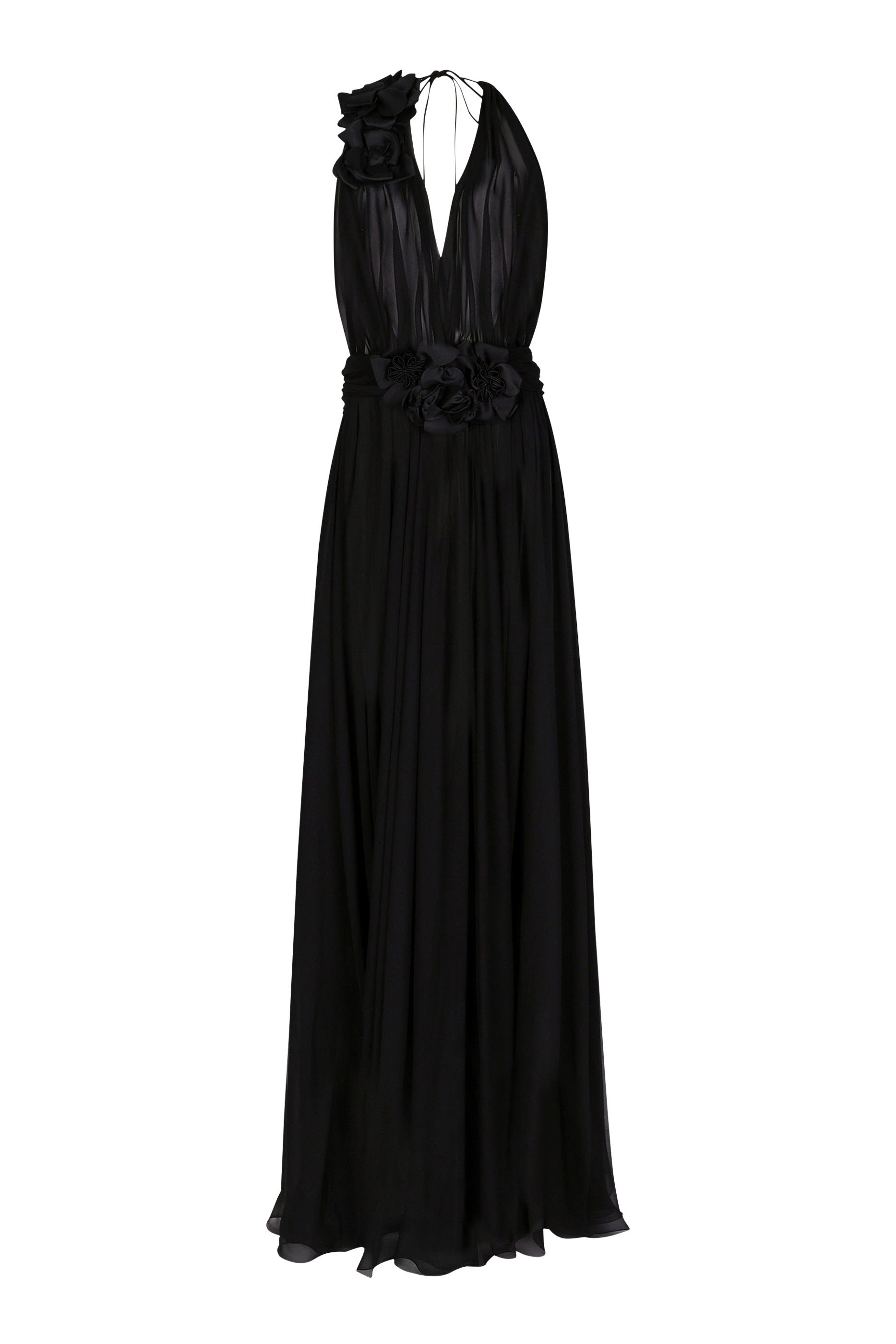 Long Silk Chiffon Dress with Floral Appliqu&eacute; 