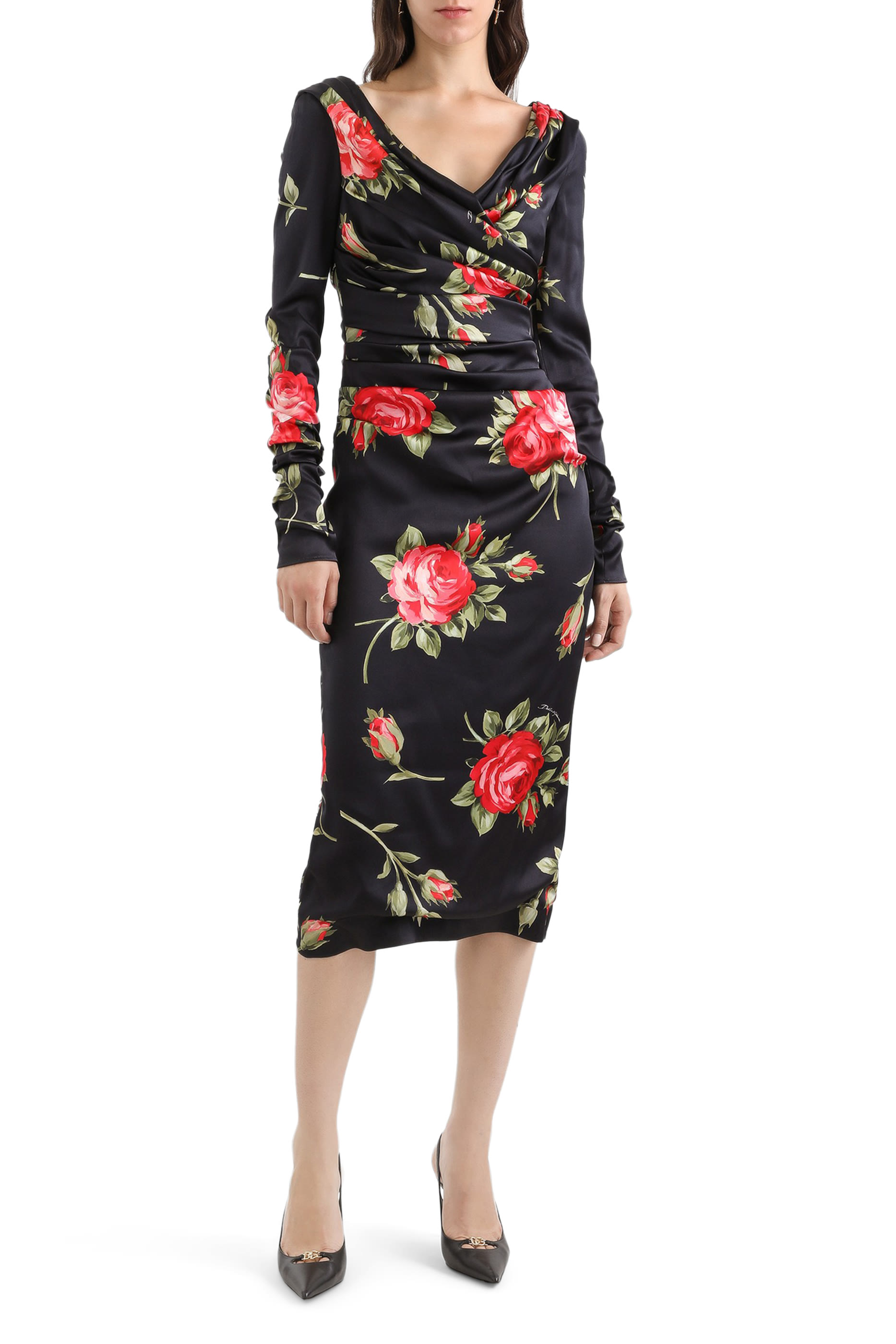 Rose Bouquet-Print Draped Satin Dress