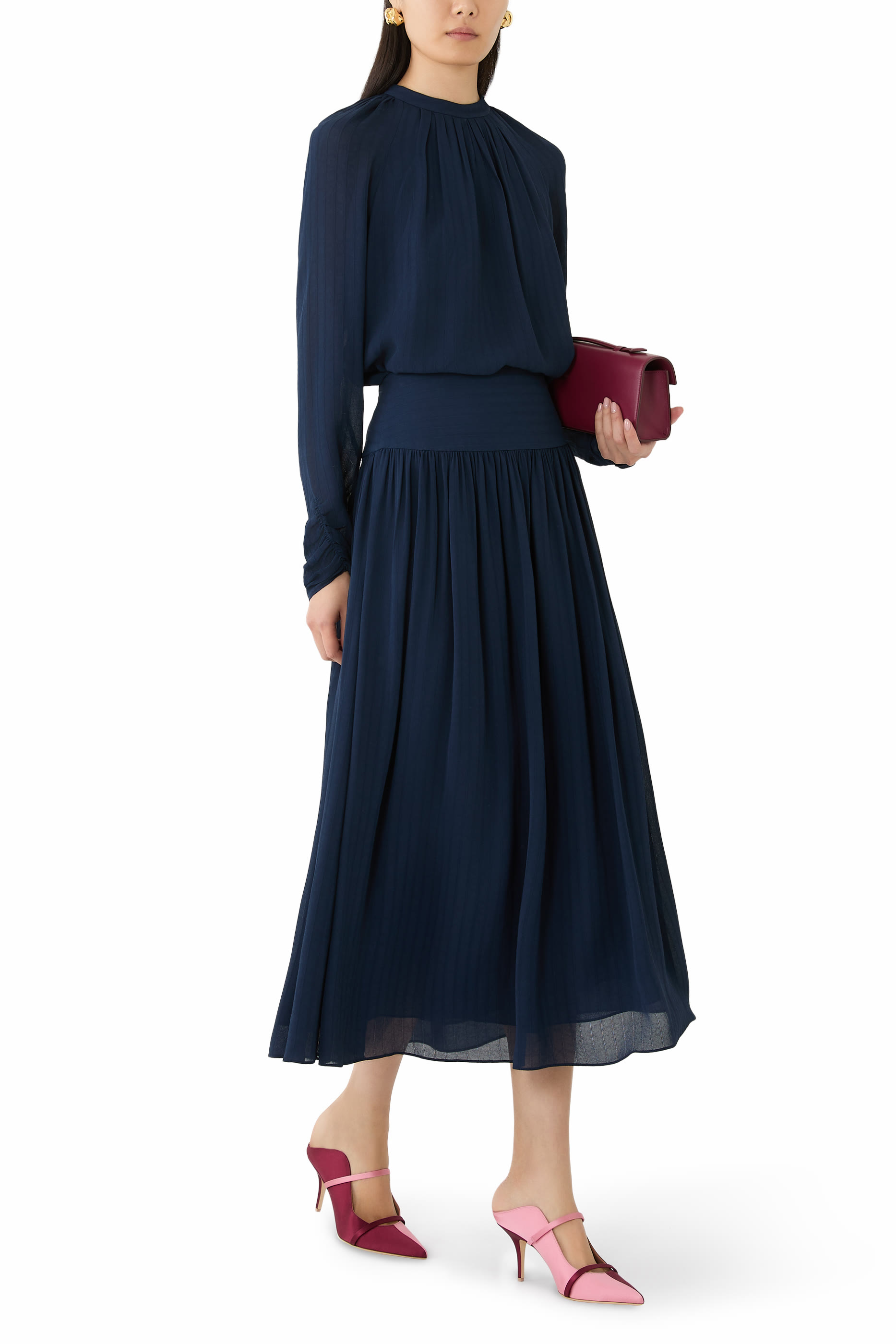 Santos Pinstriped Gathered Crepe Midi Skirt