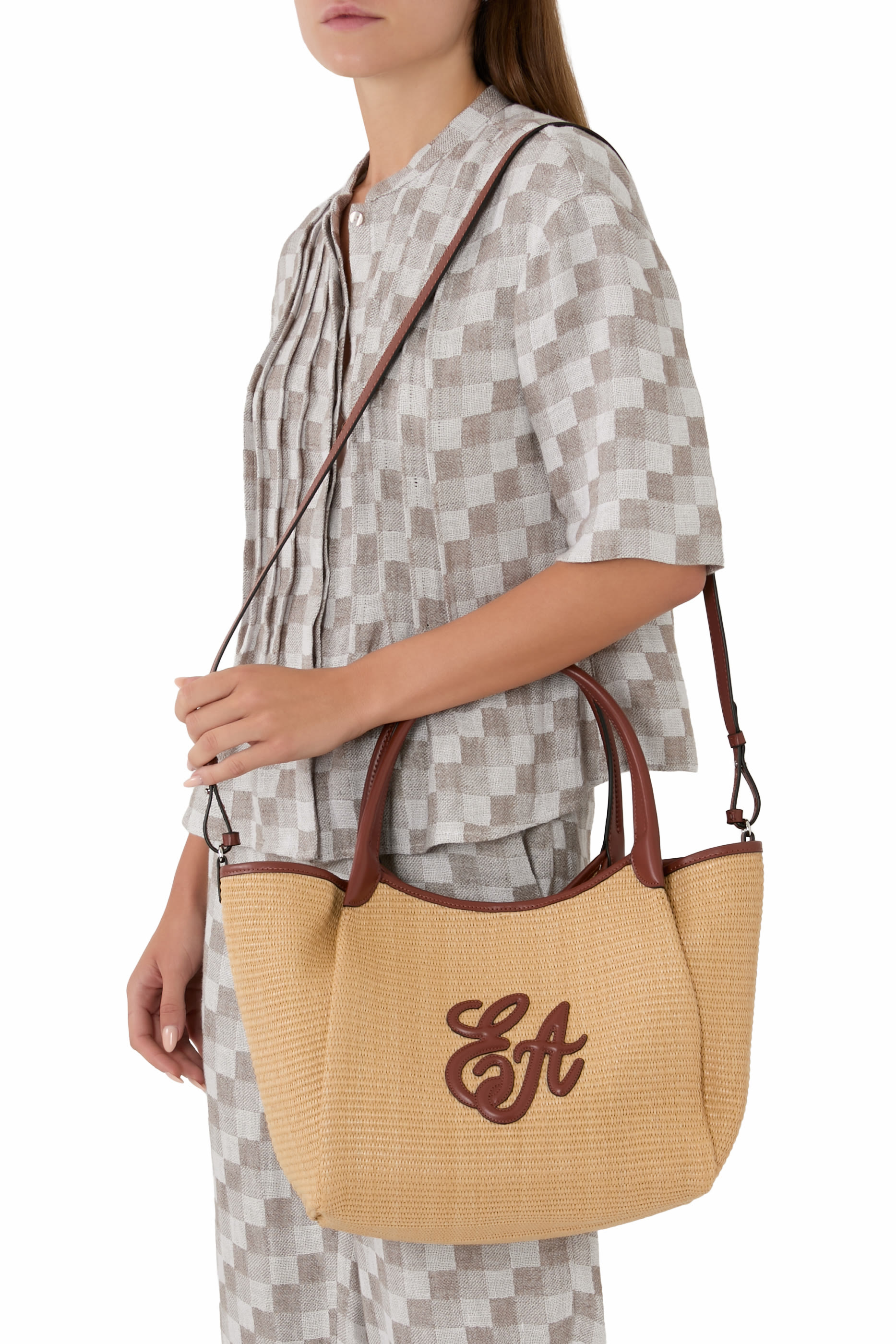 EA Logo Woven Straw Medium Shopper Bag