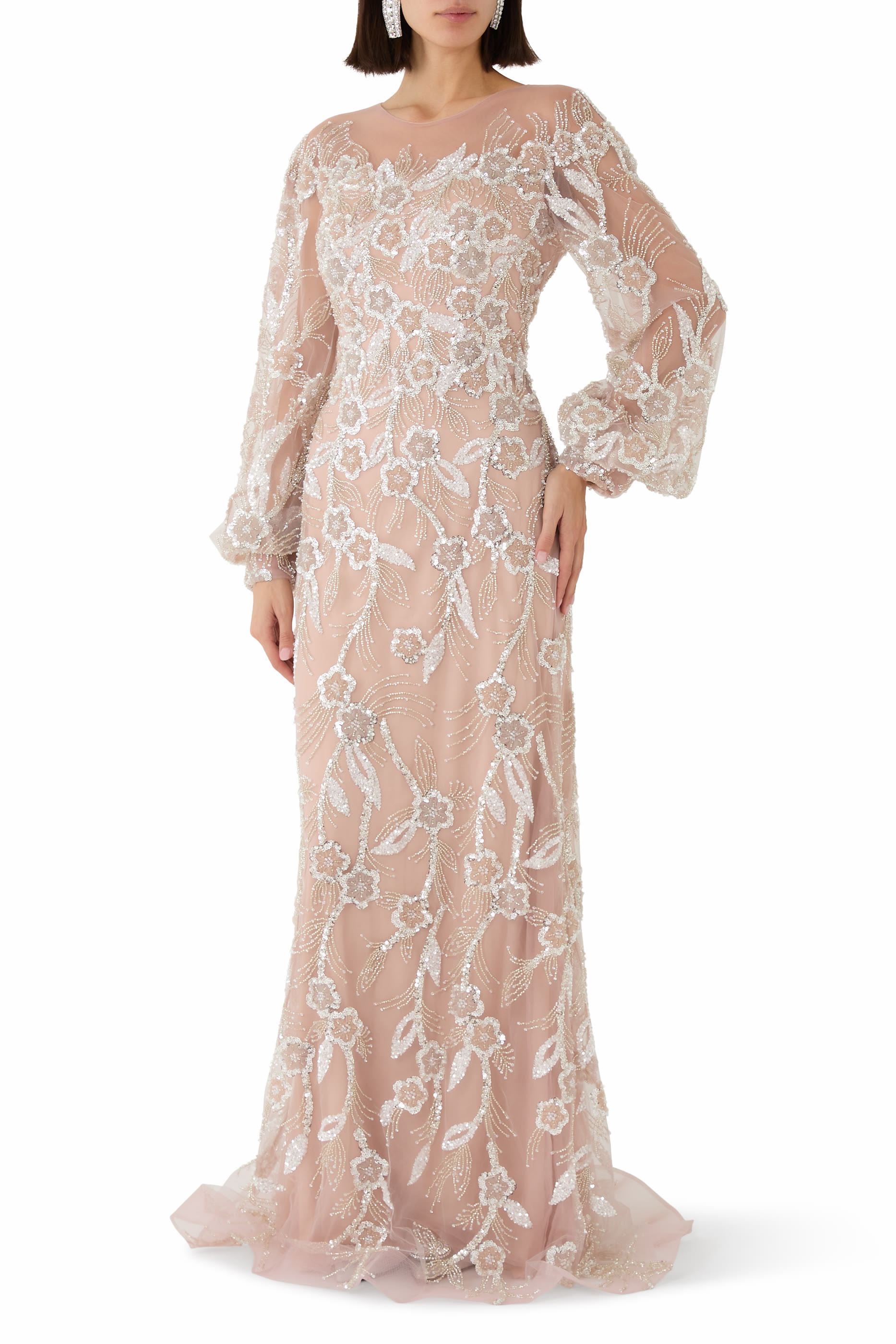 Puff Sleeves Beaded Gown