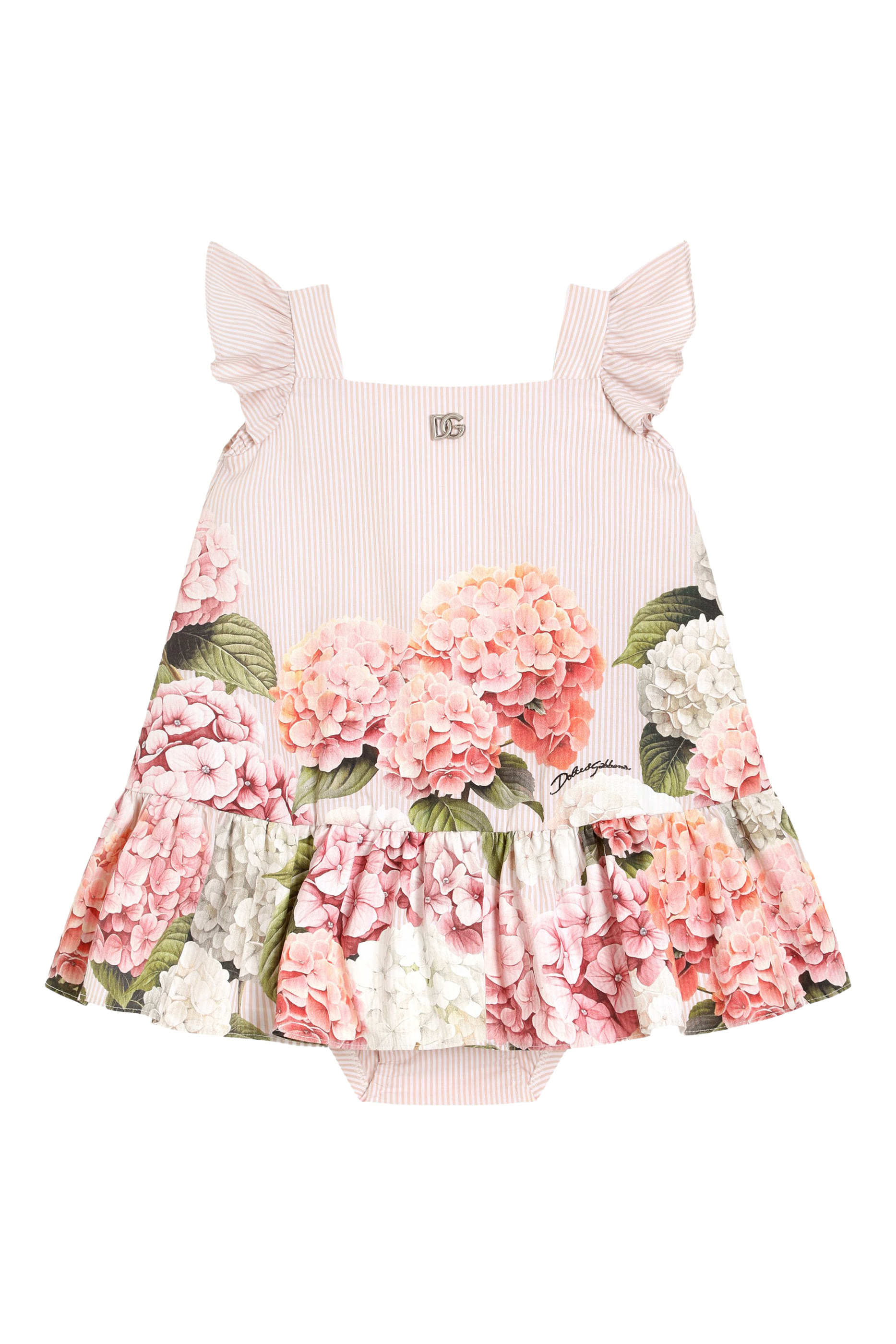 Kids Hydrangea-Print Striped Canvas Dress
