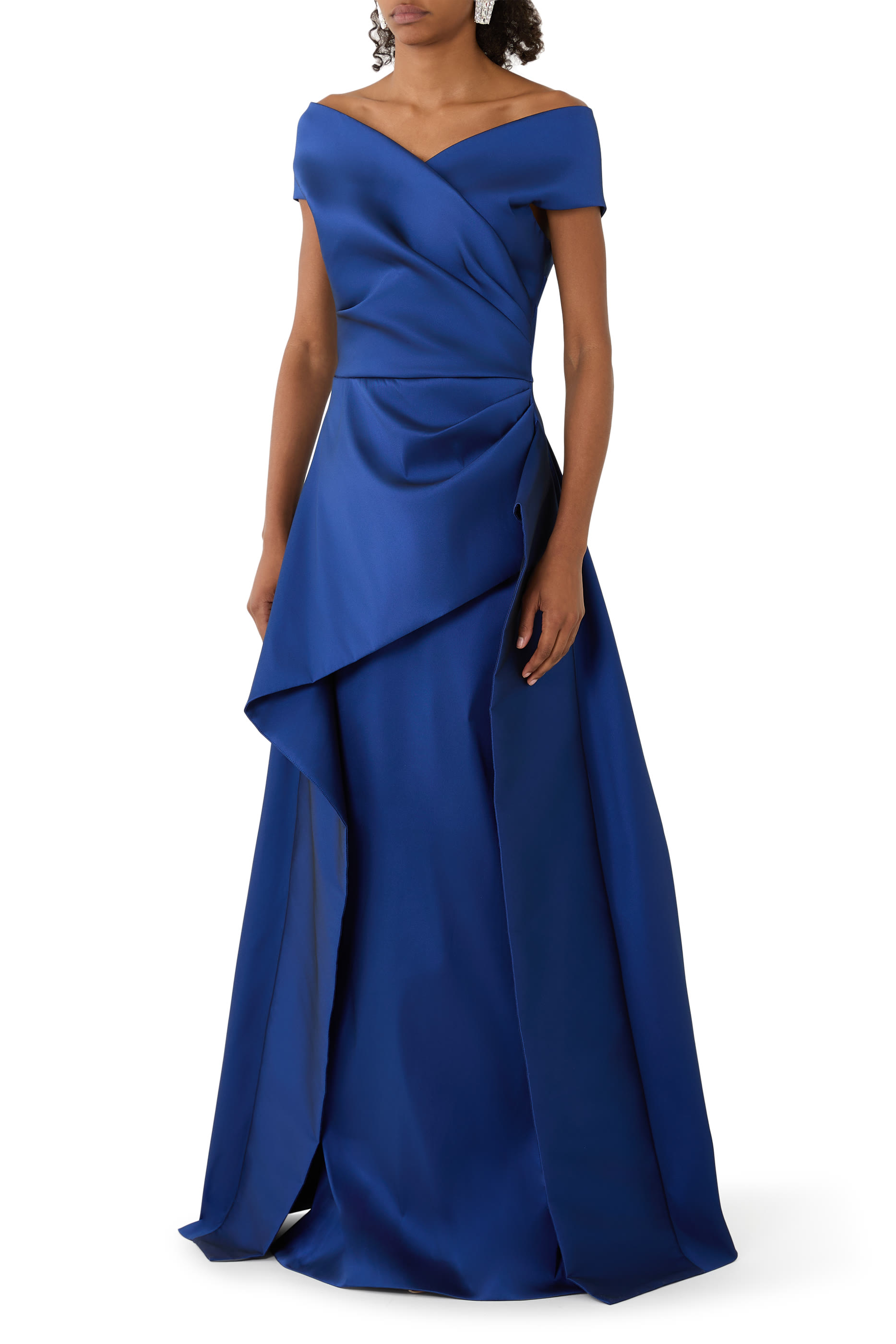 Off-The-Shoulder Mikado Satin Peplum Gown