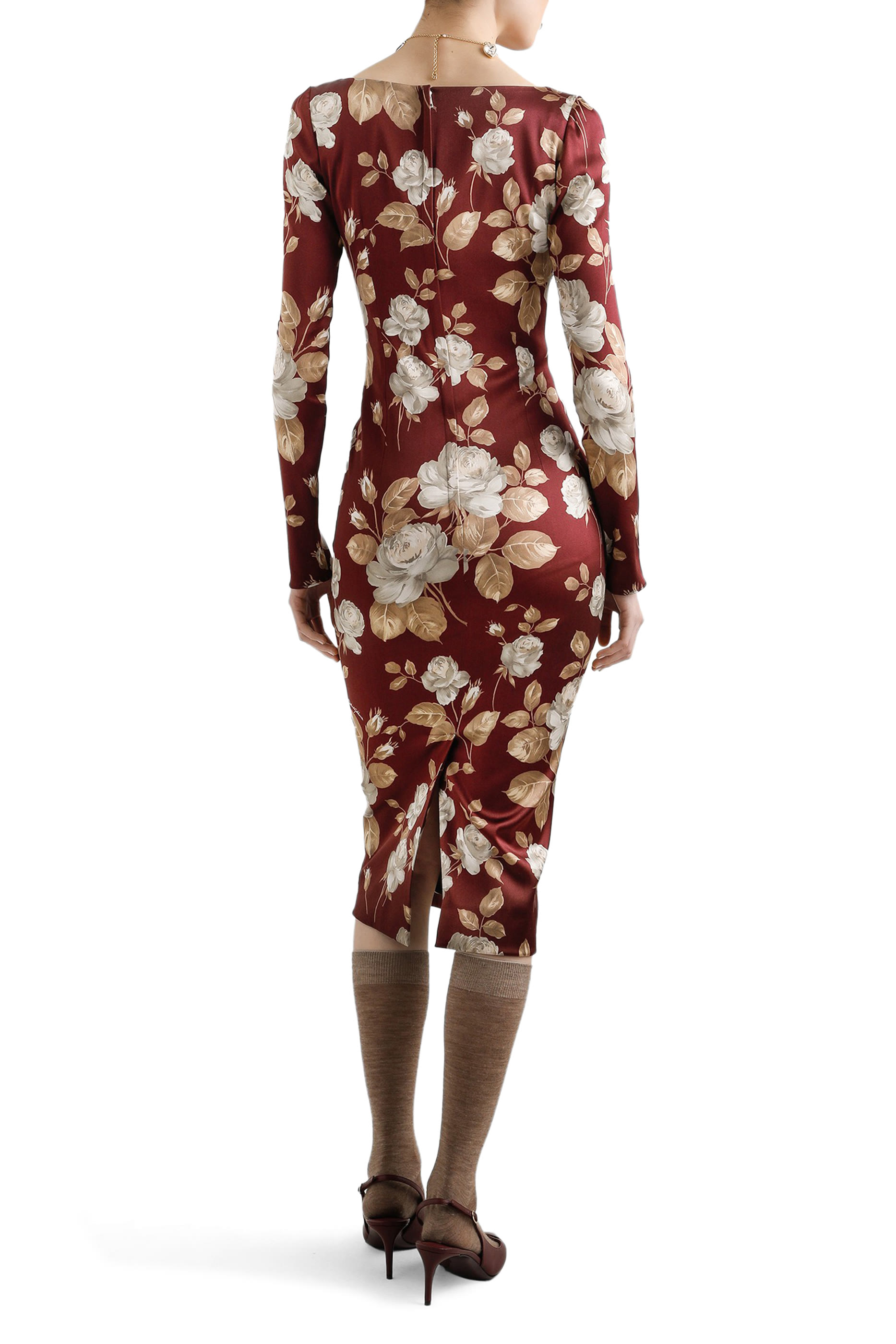 Vintage Rose-Print Satin Dress