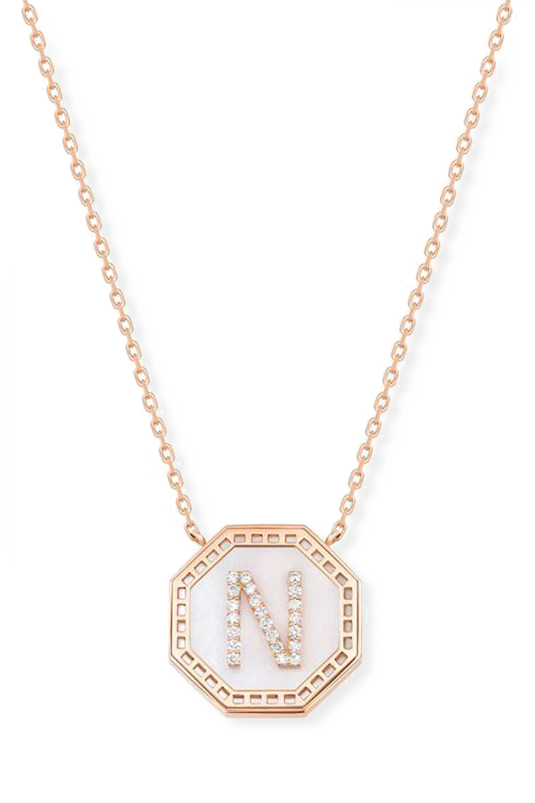 Harf Turath Letter N Pendant Necklace, 18k Rose Gold, Diamonds & Mother of Pearl