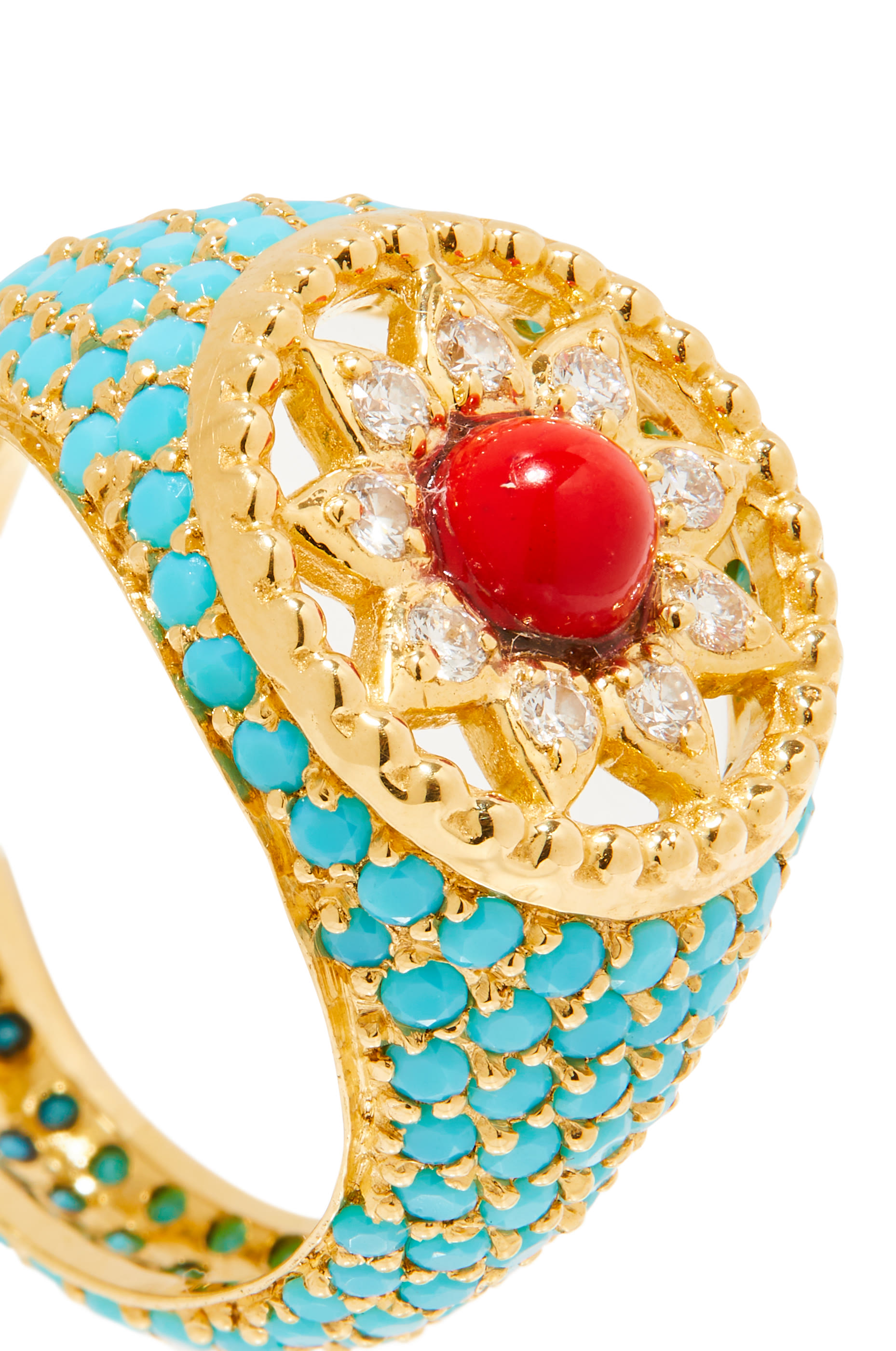 Arabesque Pinky Ring, 18k Yellow Gold with Turquoise, Mother-of-Pearl, Coral & Diamonds