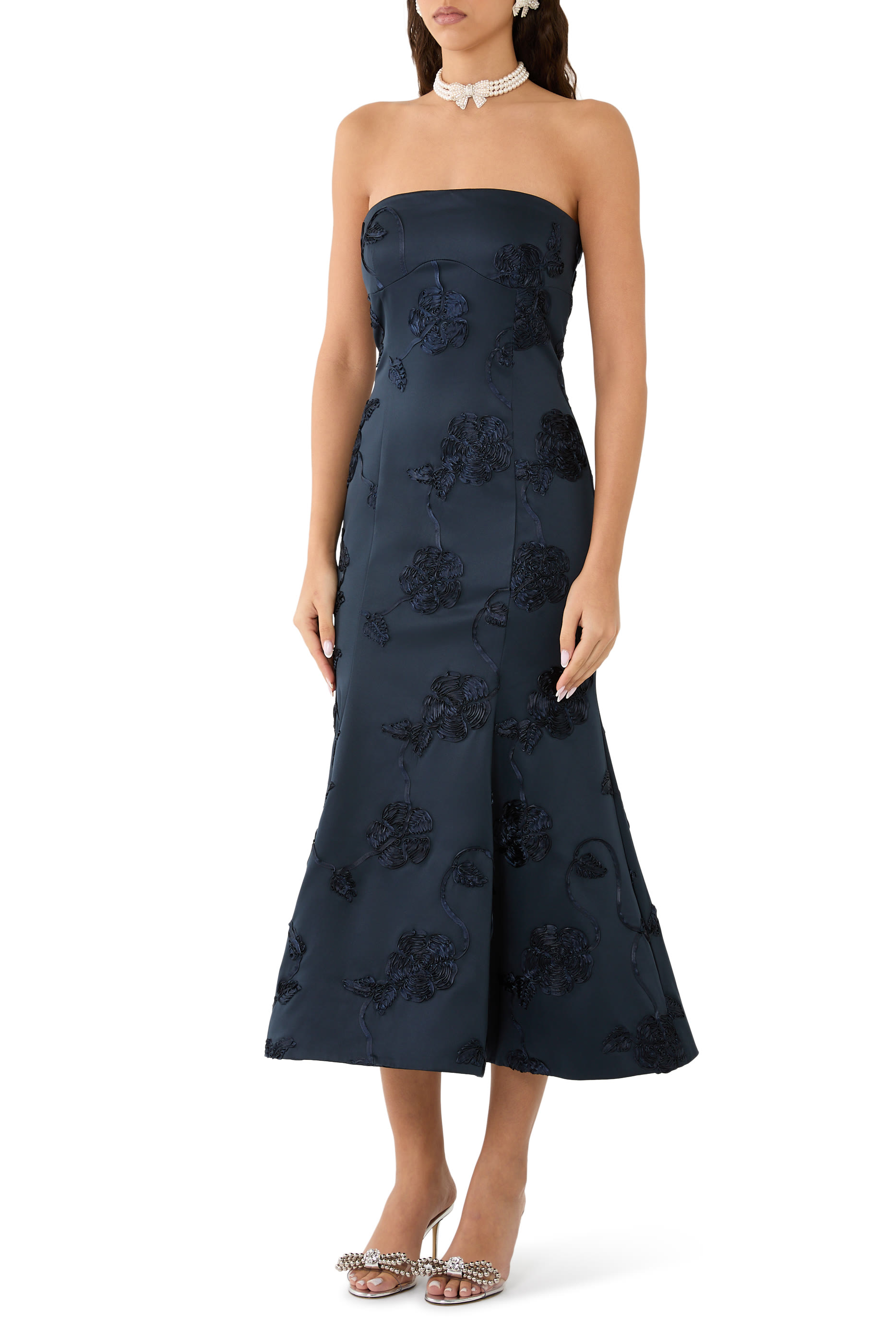 Floral Embroidered Strapless Midi Dress