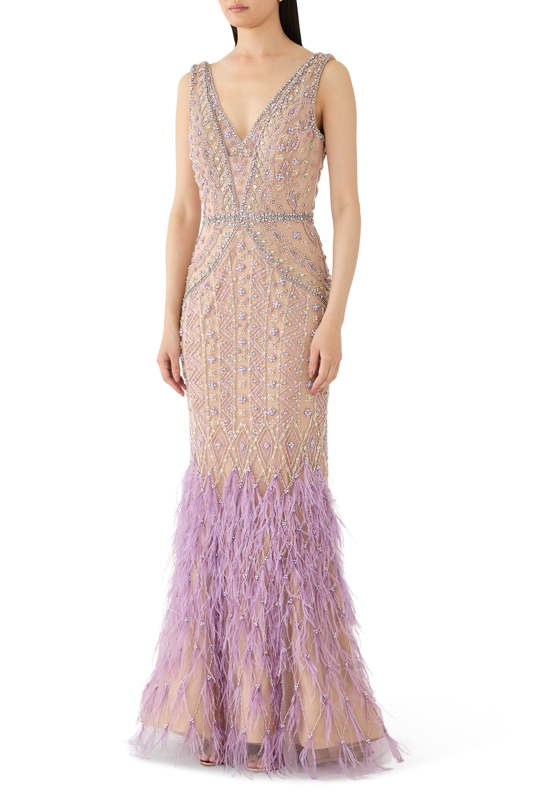 Feather Trim Embellished Evening Dress