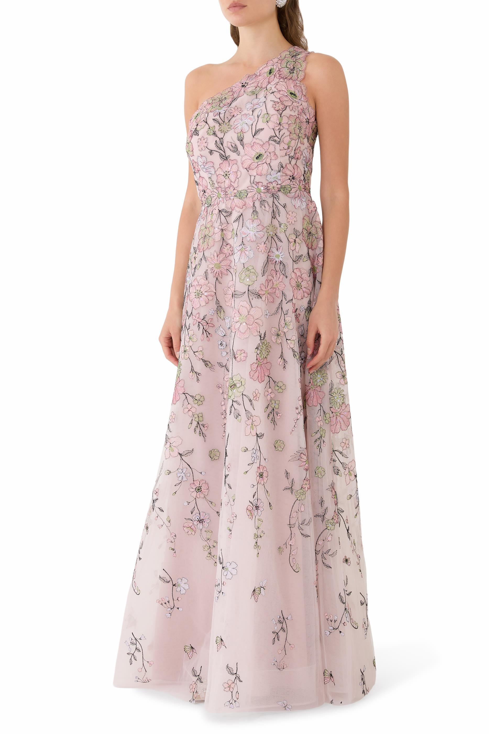 Floral Embroidered Tulle One-Shoulder Gown