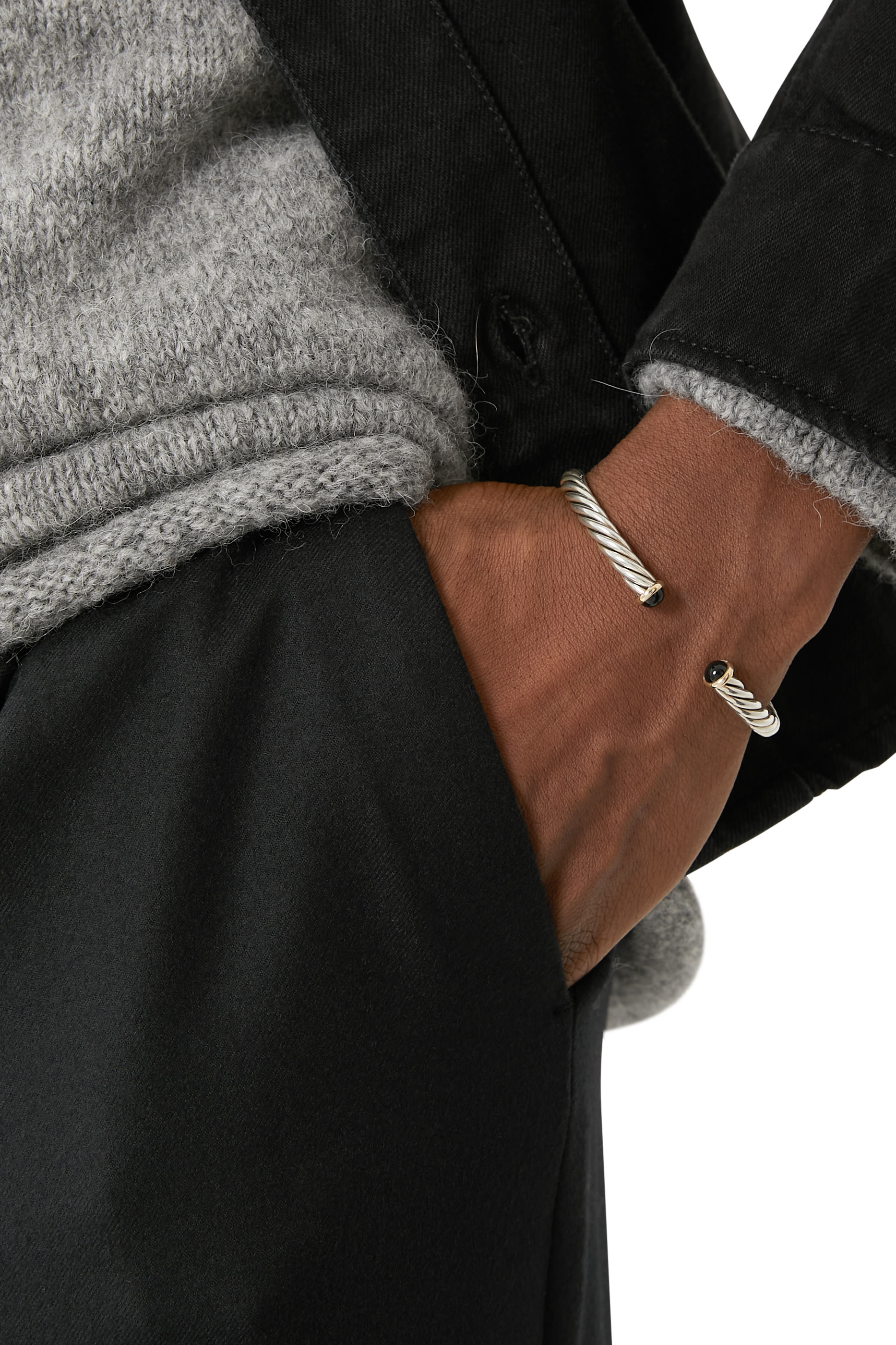 Cable Cuff Bracelet, Sterling Silver with 18k Yellow Gold and Black Onyx