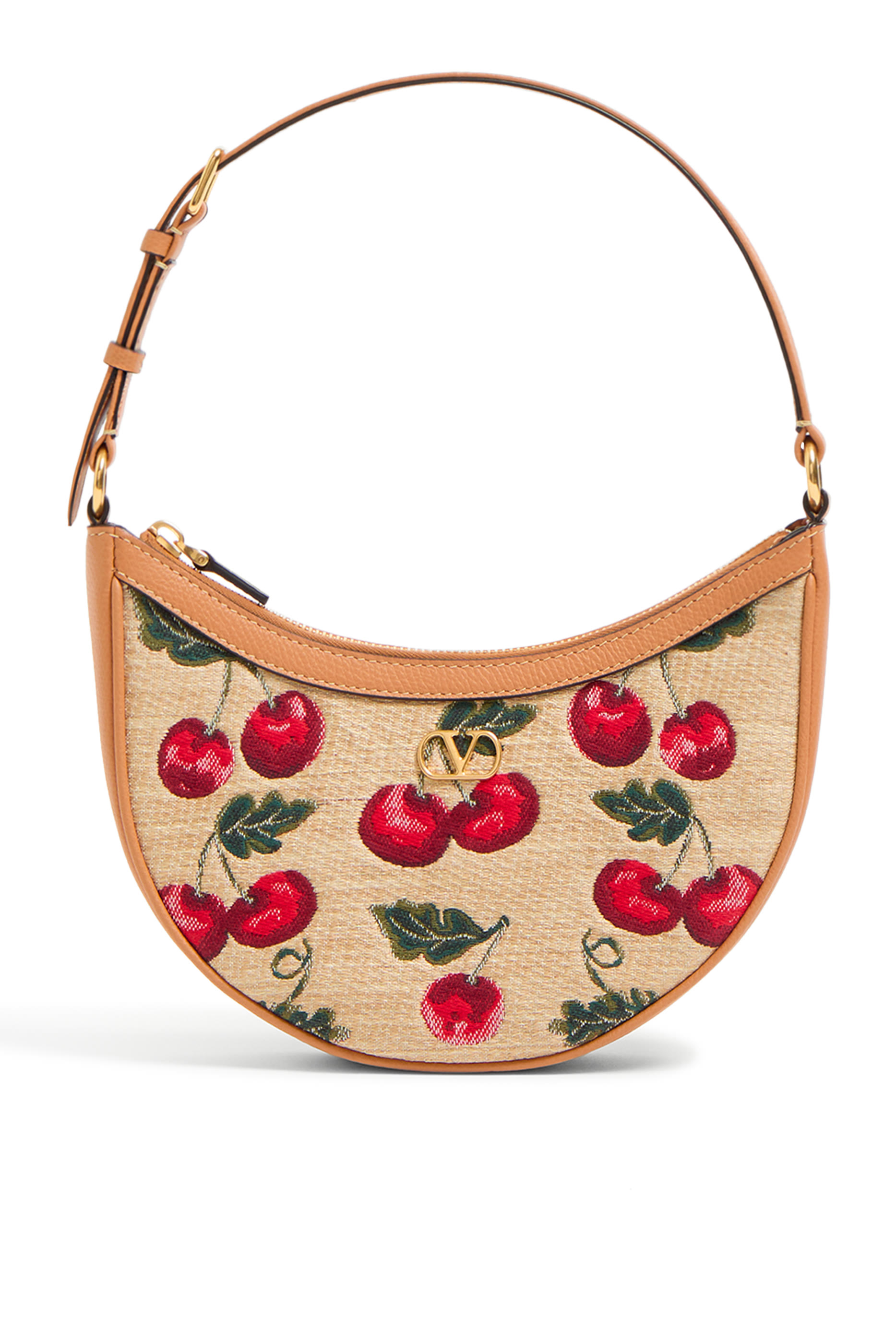 VLogo Signature Mini Hobo Bag in Jacquard Raffia with Cherryfic Pattern