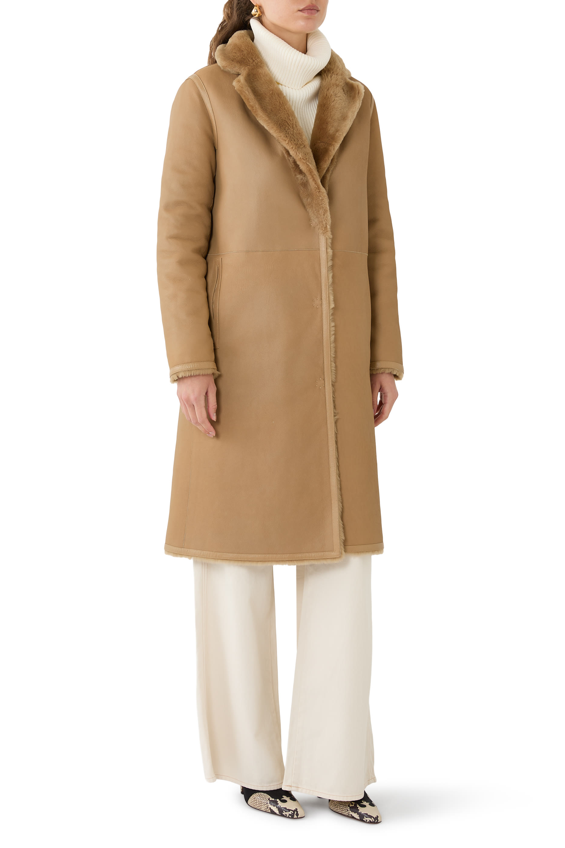 Notched-Lapel Slip-Pocket Shearling Coat