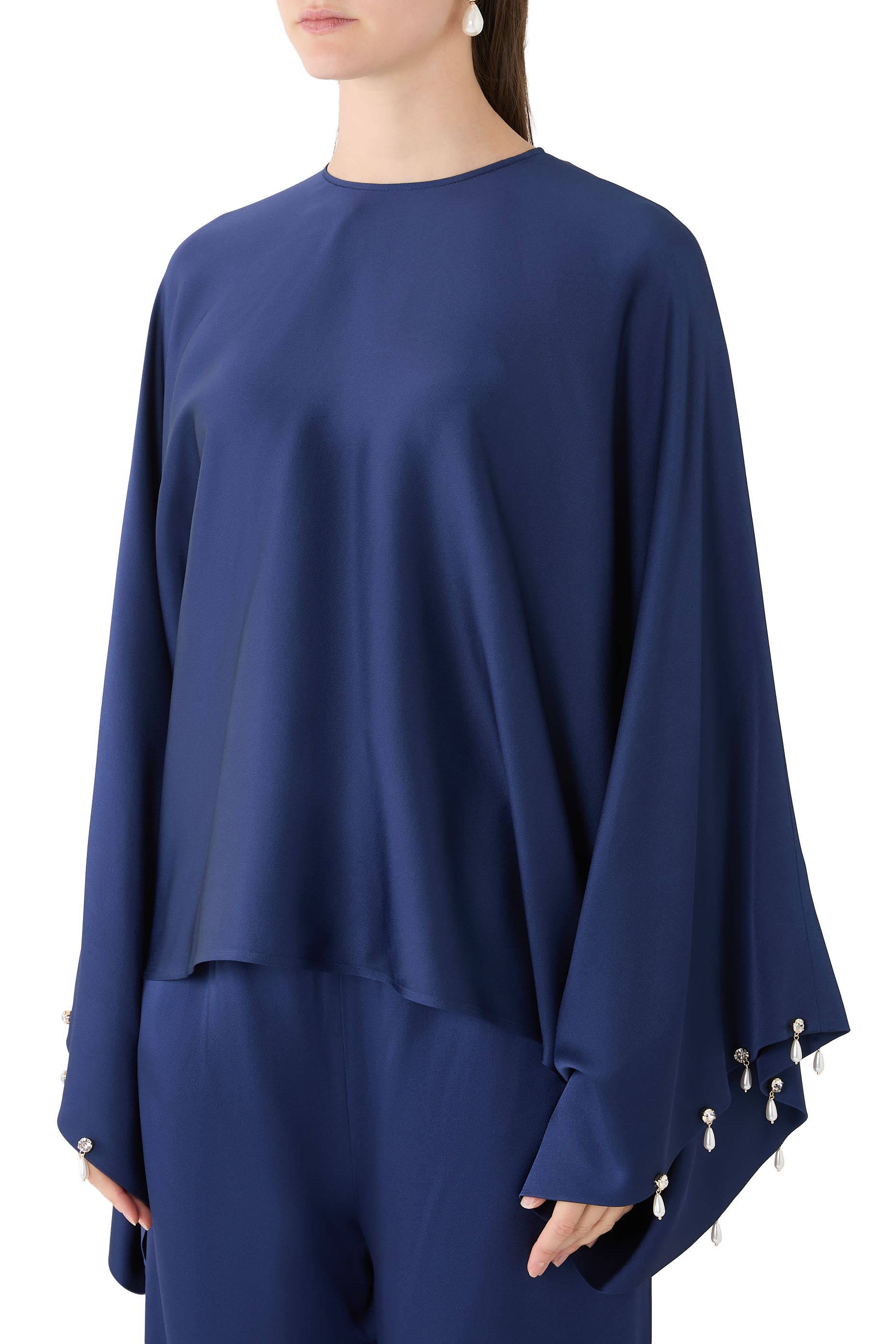 Faux Pearl-Embellished Satin Blouse