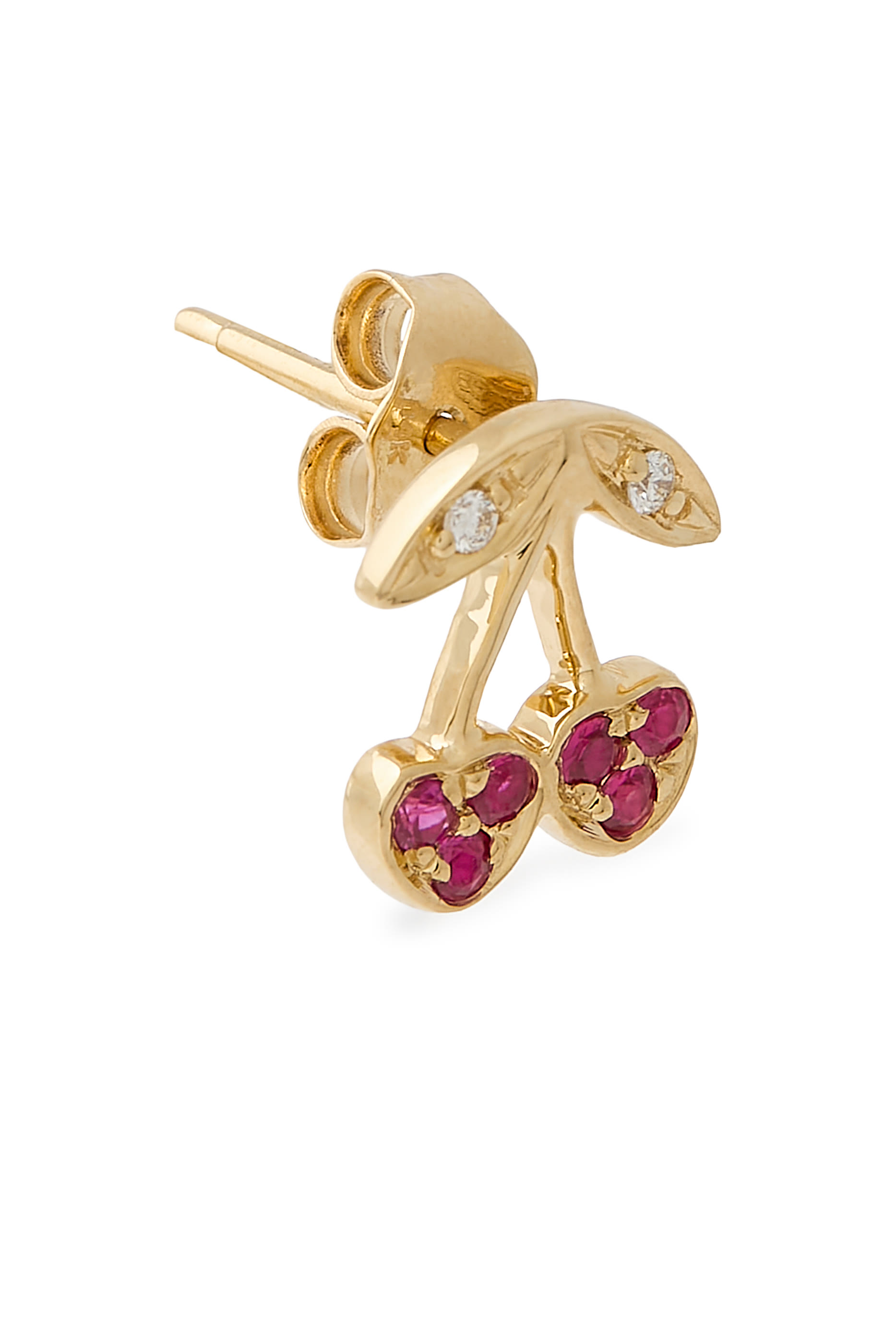Pav&eacute; Cherry Single Stud Earring, 14K Yellow Gold, Ruby & Diamond
