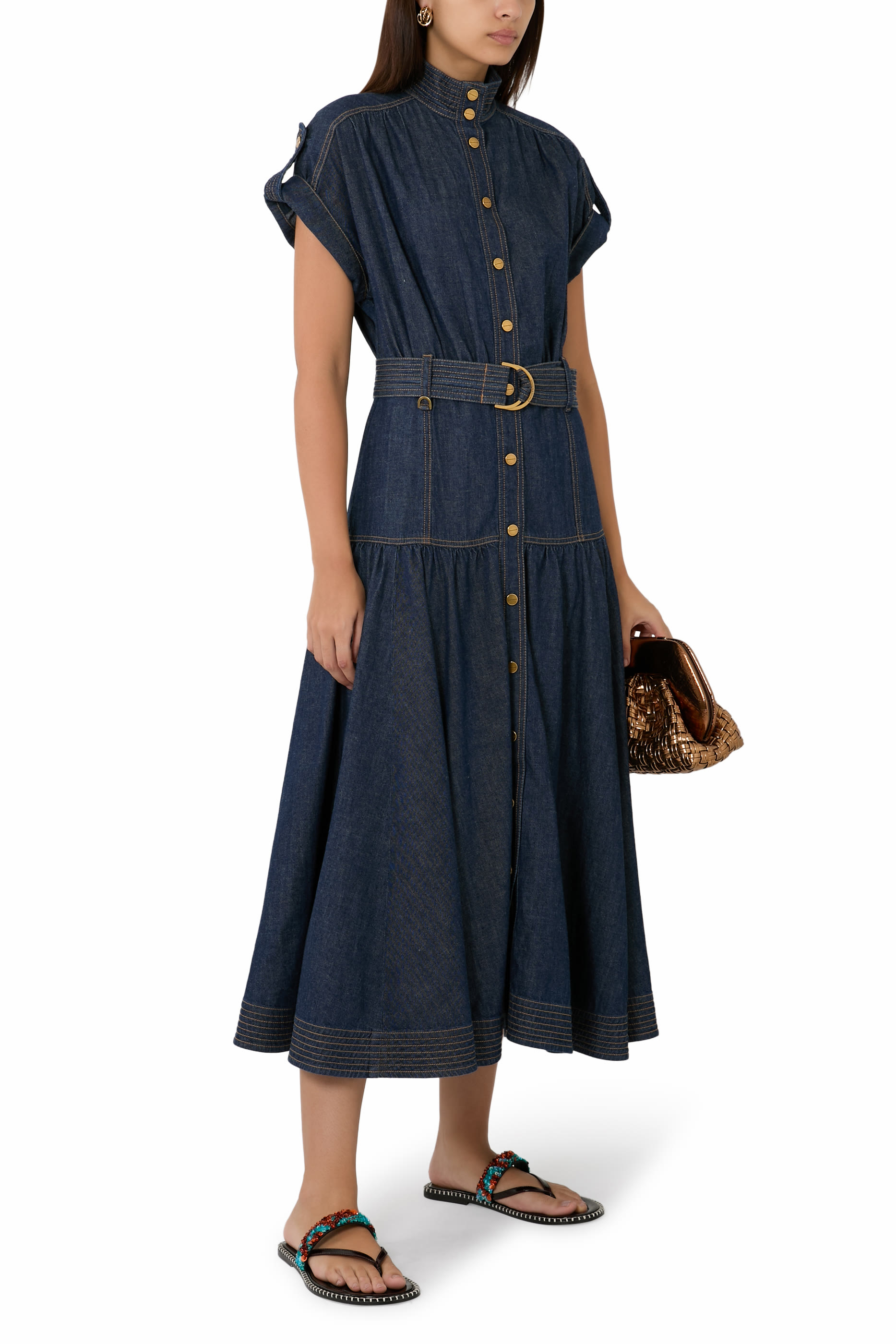 Belted Denim Midi Dress