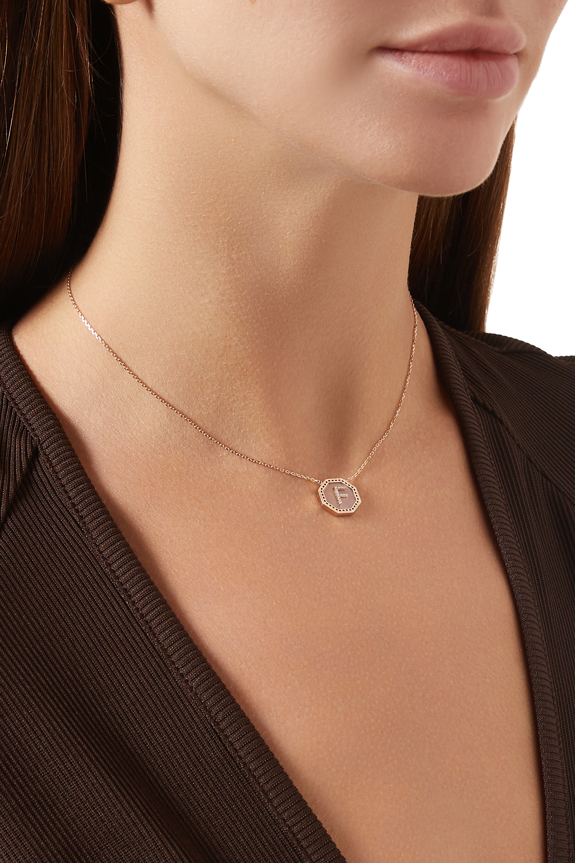 Harf Turath Letter F Pendant, 18k Rose Gold, Diamonds & Mother of Pearl