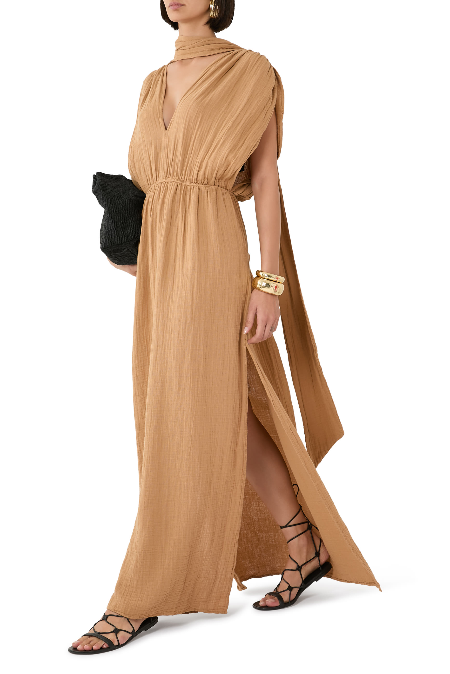 V-Neck Shoulder Ruched Dress with Ribbon Ties