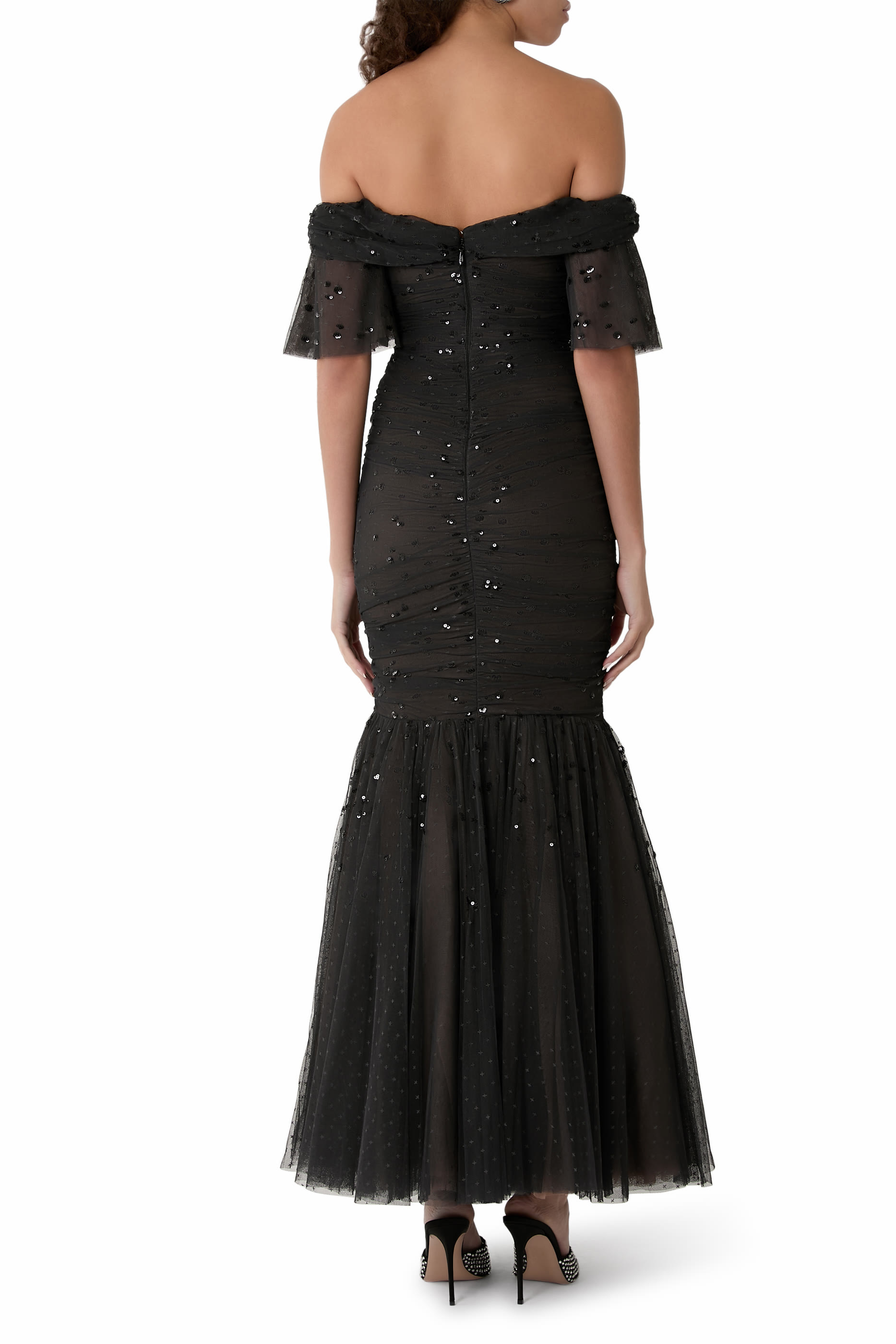 Dappled Sequin Rouched Off-Shoulder Gown