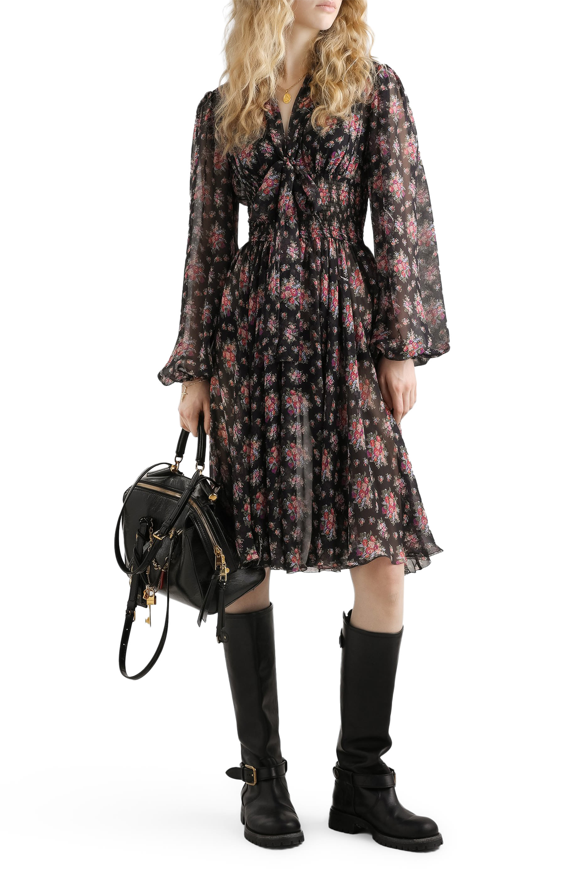 Small Flower Bouquets-Print Chiffon Dress