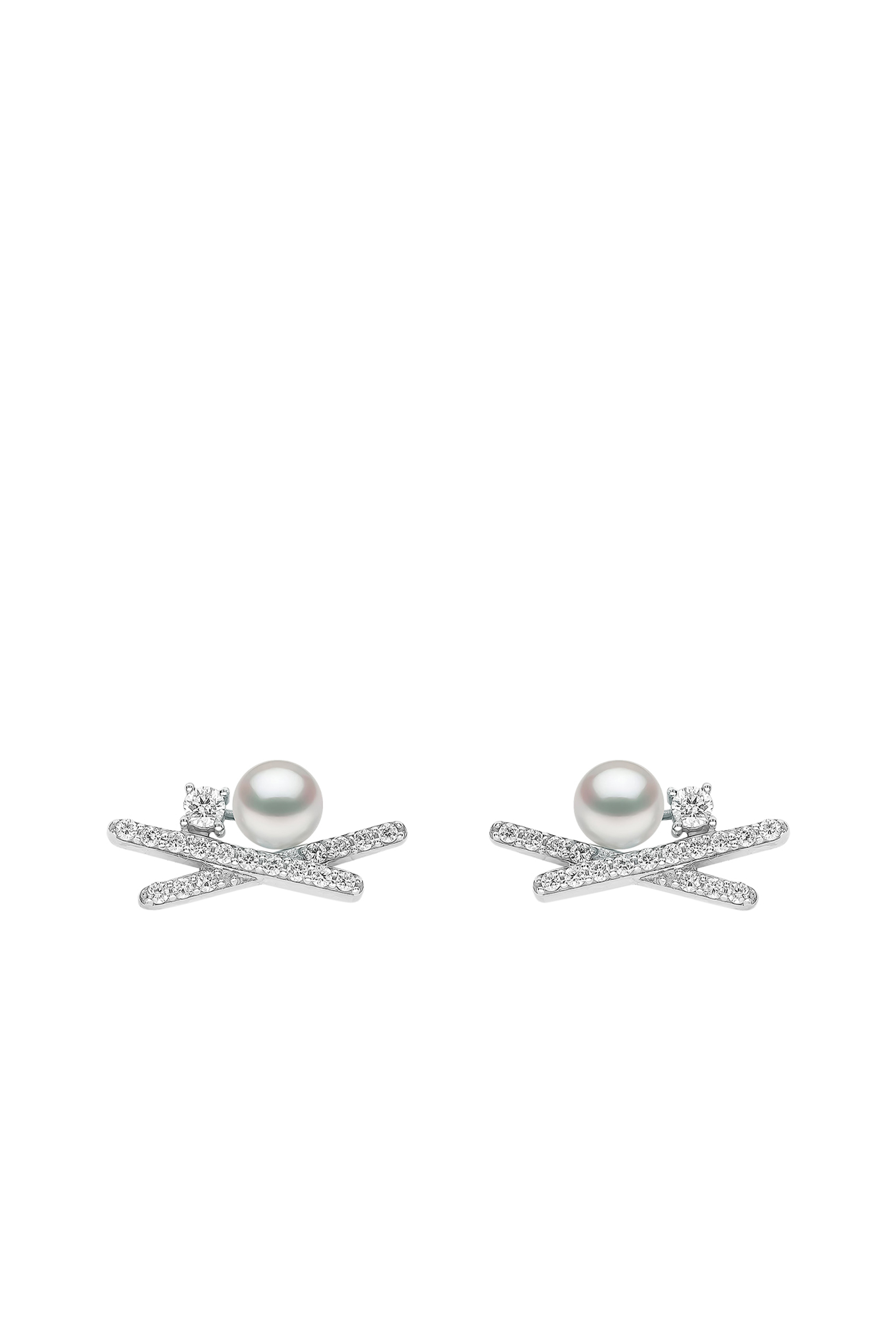 Sleek Cross Earrings, 18k White Gold with Akoya Pearls & Diamonds