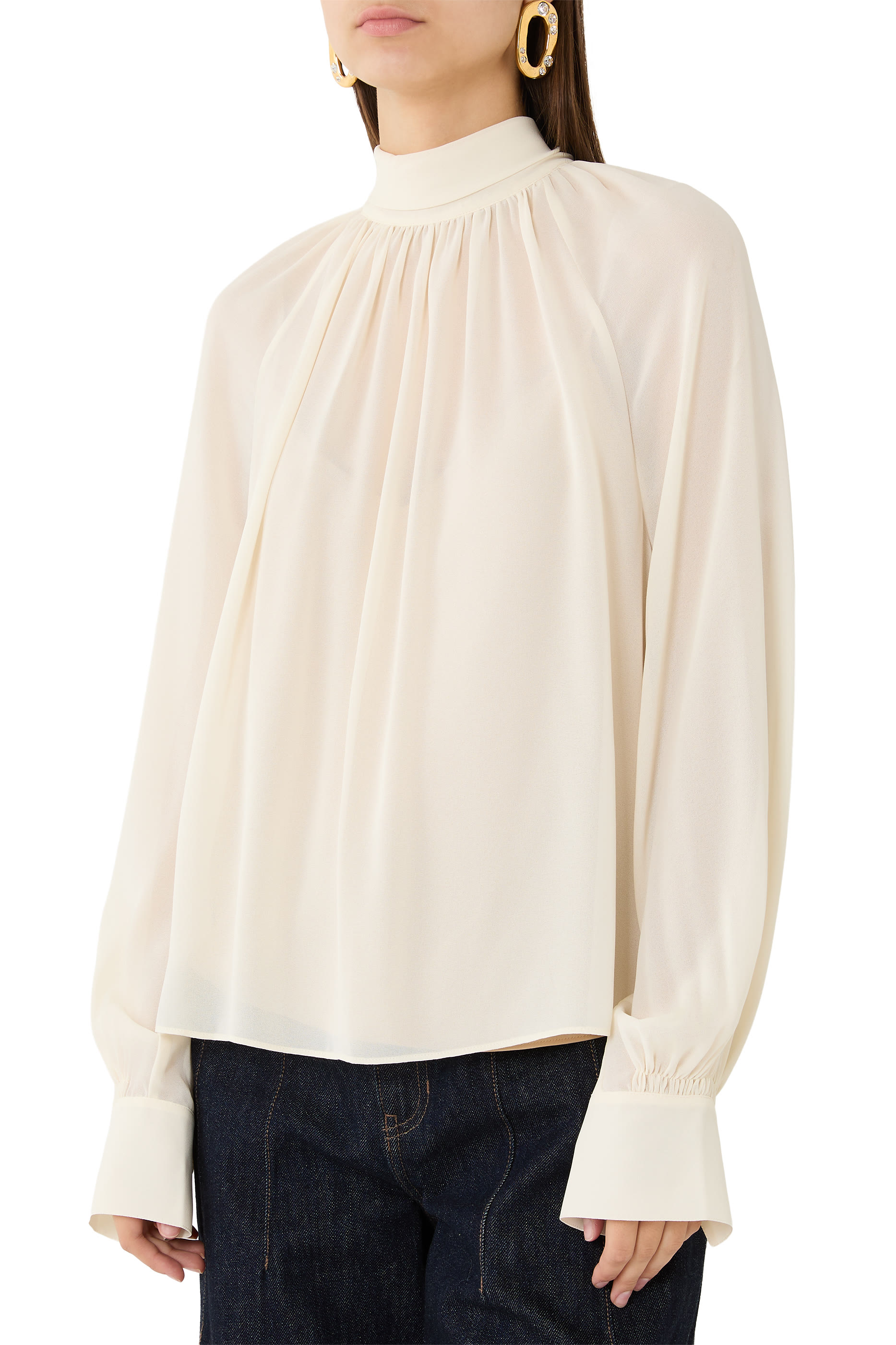 Gathered Draped-Neck Crepe Blouse