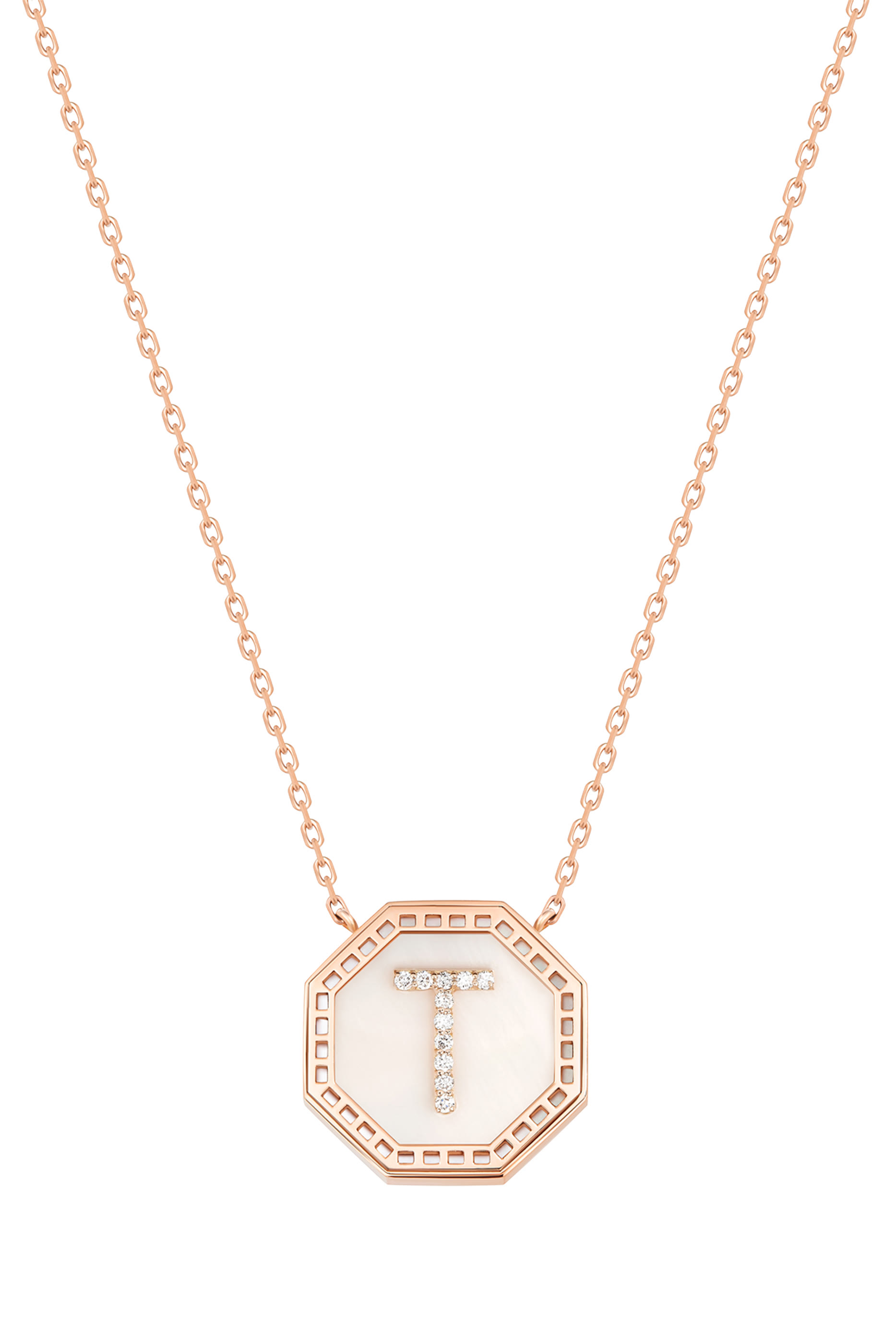 Harf Turath Letter T Necklace, 18K Rose Gold with Mother of Pearl & Diamonds