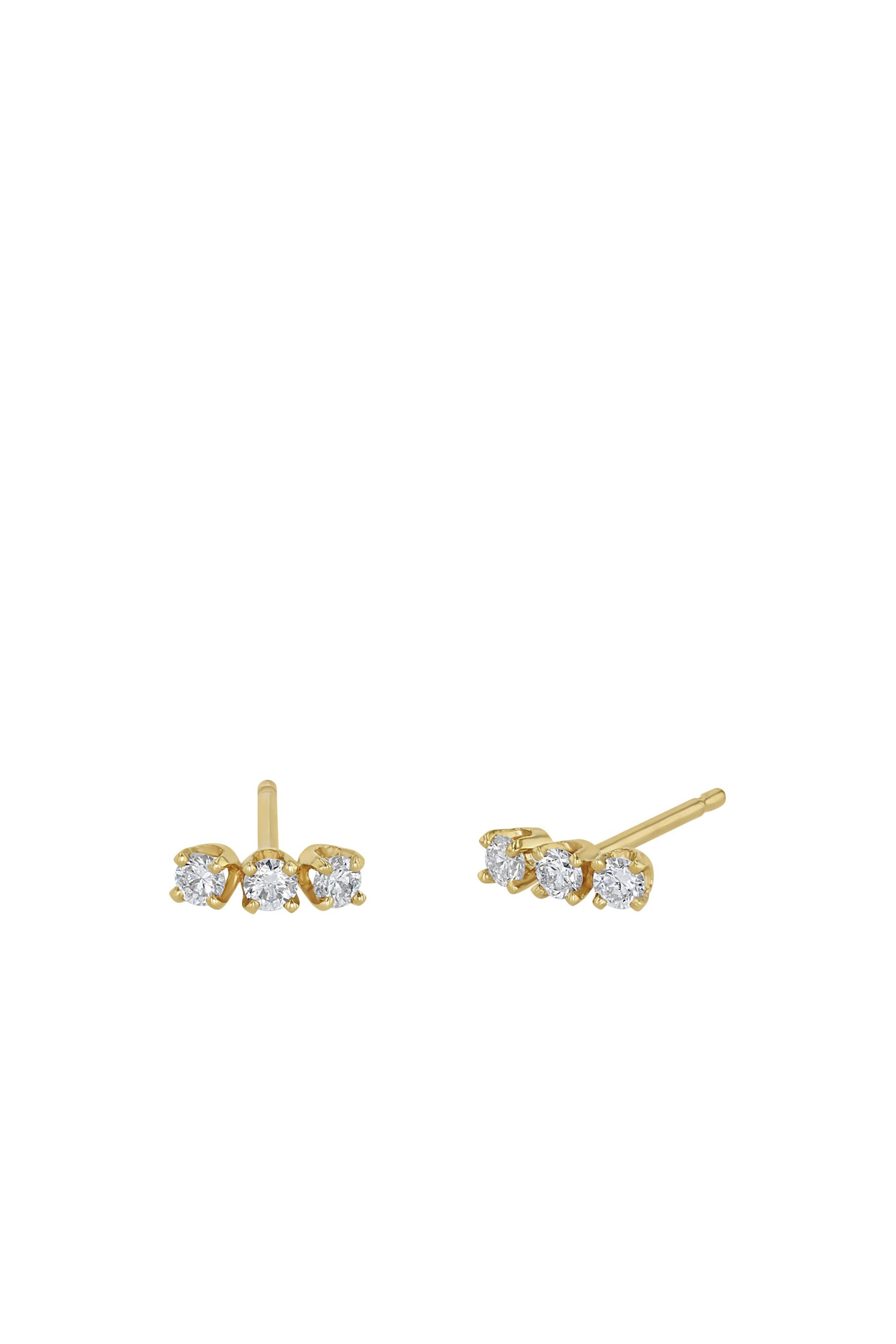 3 Prong Diamond Bar Studs, 14K Yellow Gold