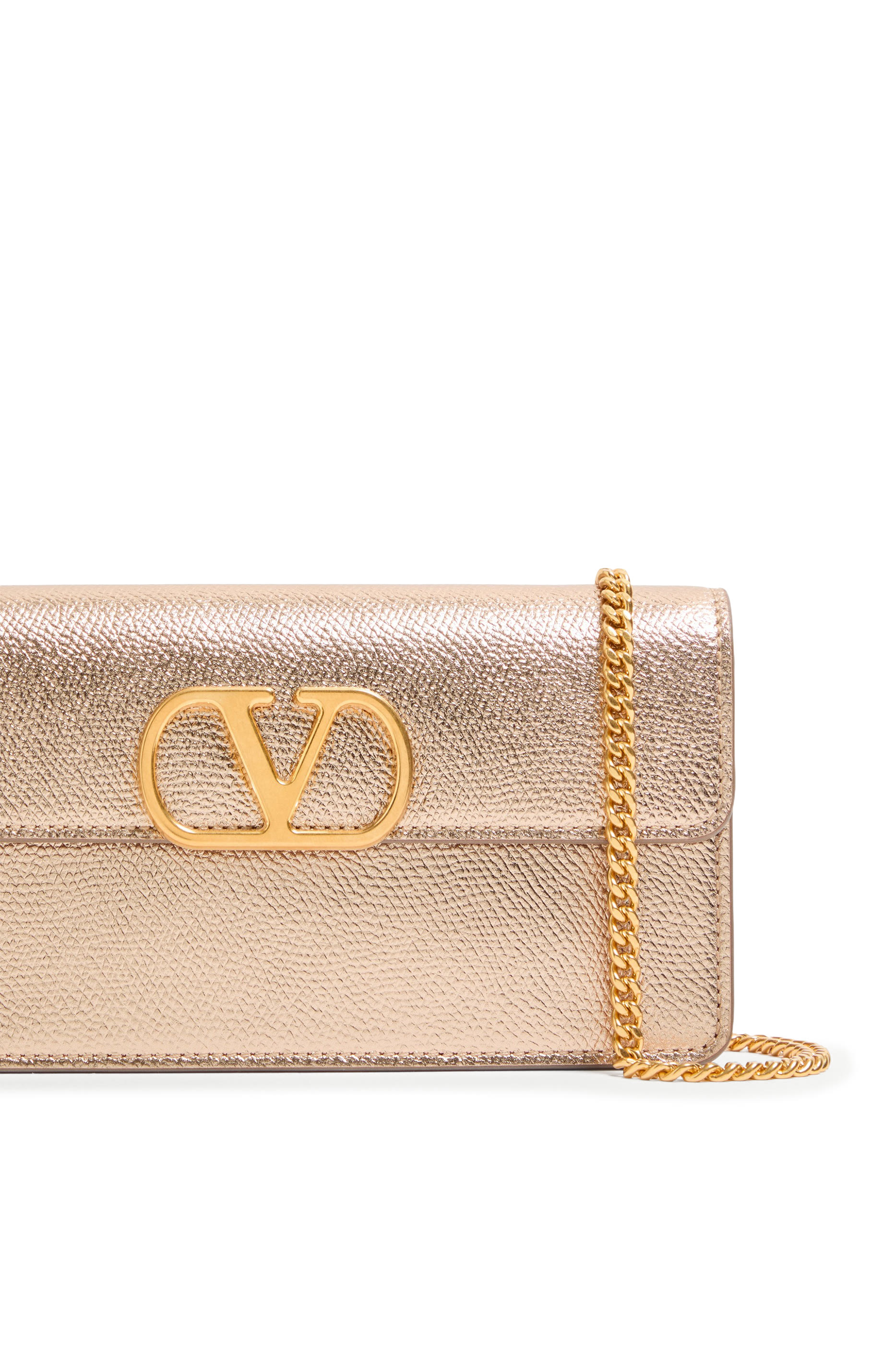Vlogo Signature Metallic Grainy Calfskin Wallet With Chain