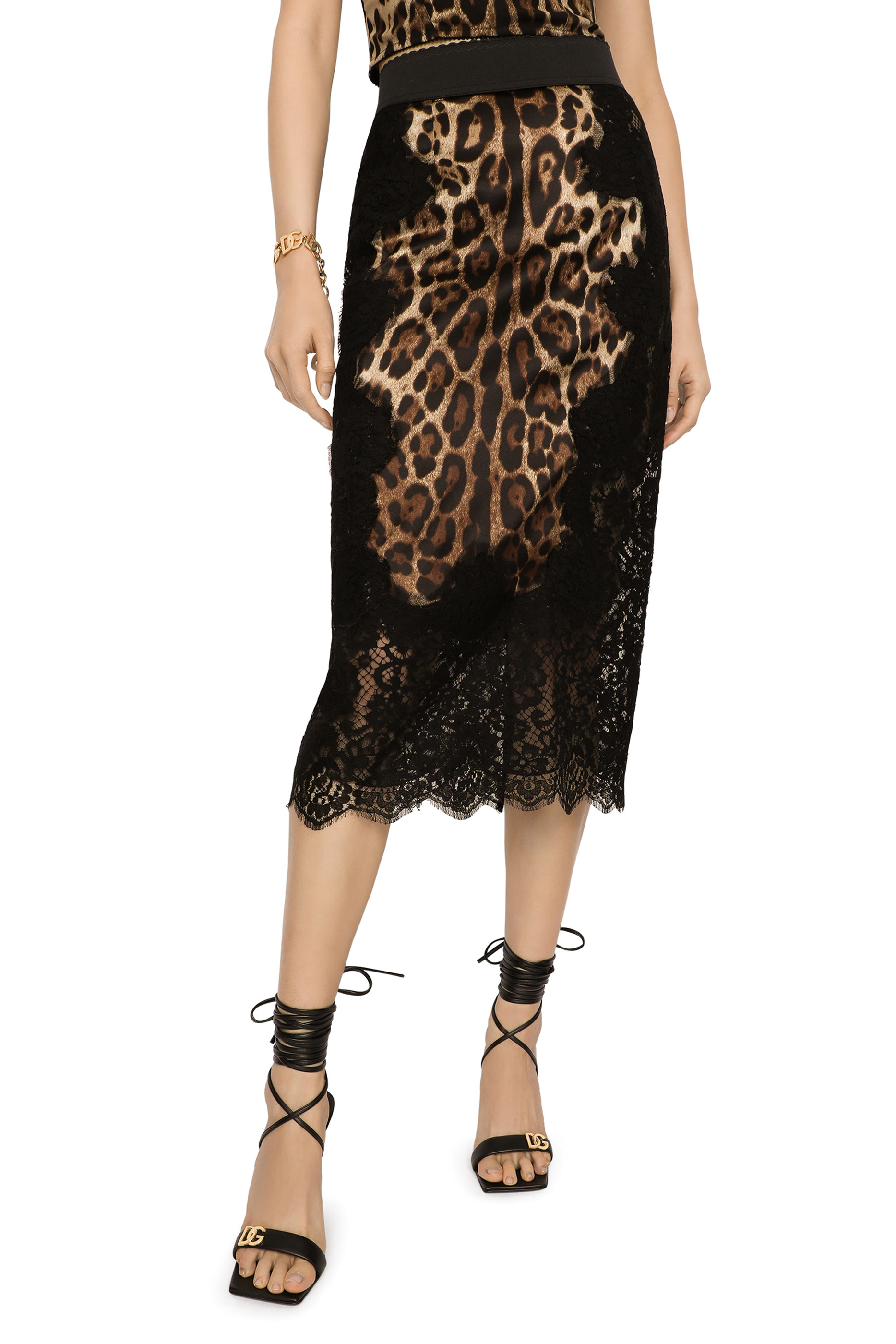 Leopard-Print Satin Midi Skirt with Lace Inserts