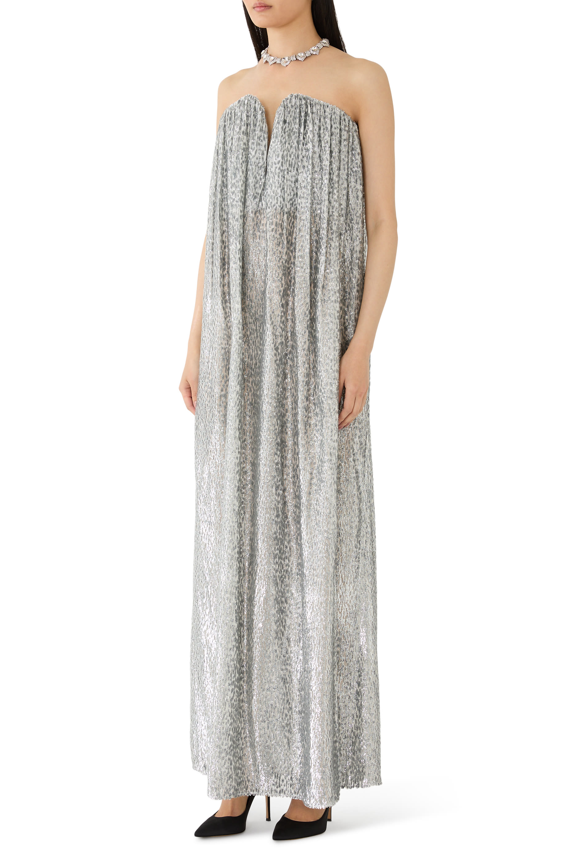 Pleated Metallic Velvet Dress