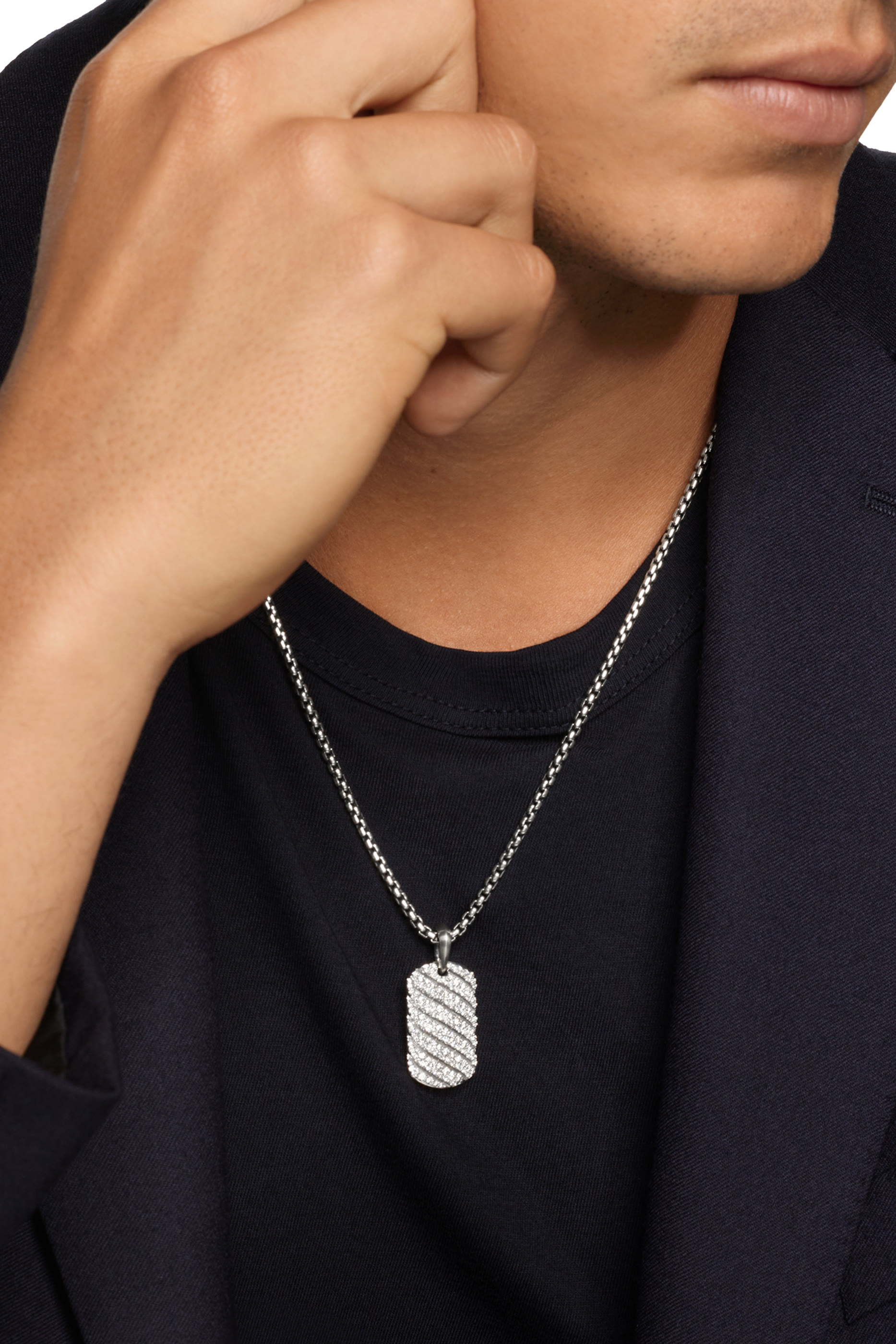 Sculpted Cable Tag Diamond Pendant in Sterling Silver