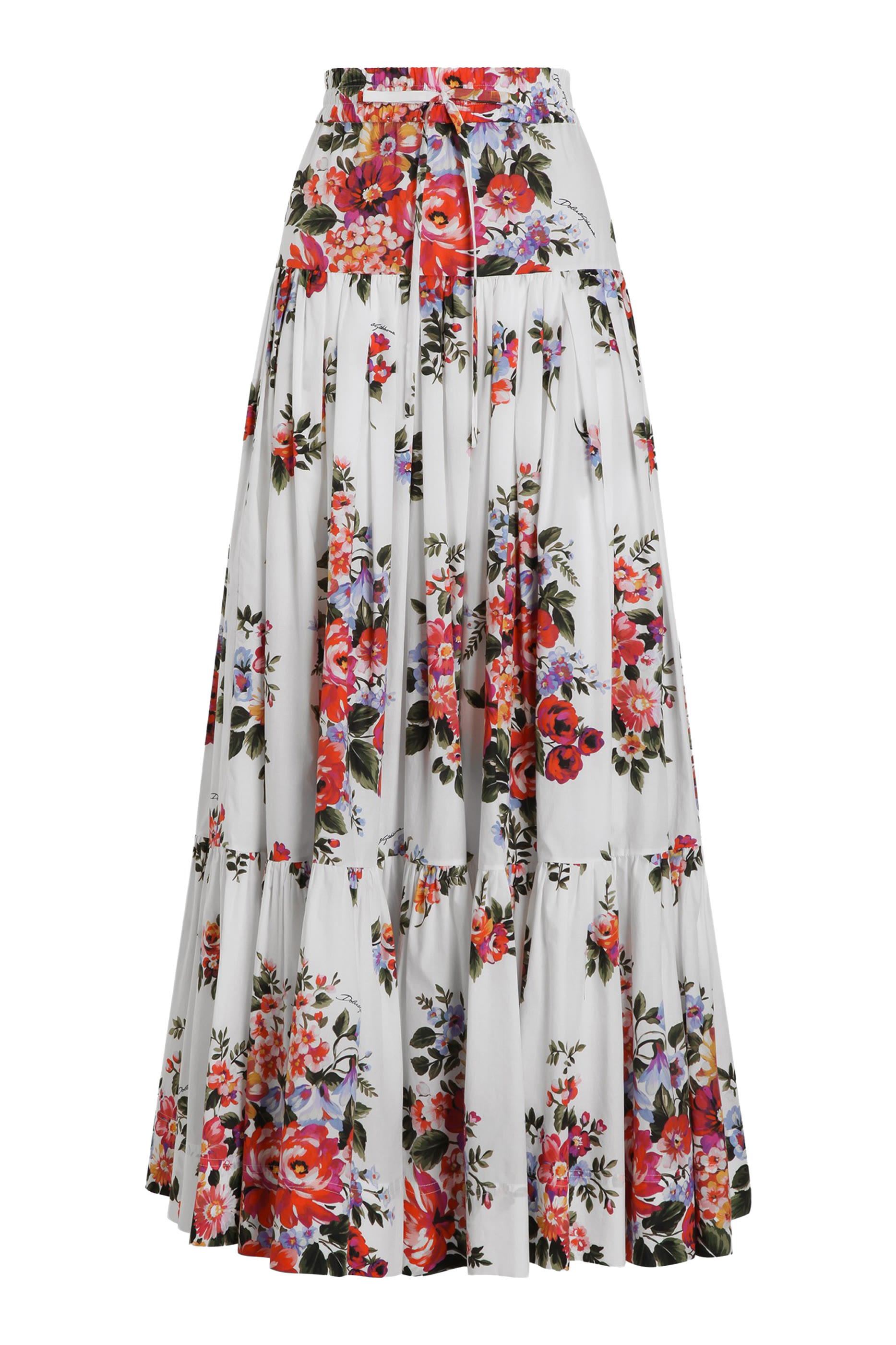 Flower Bouquet-Print Poplin Long Skirt