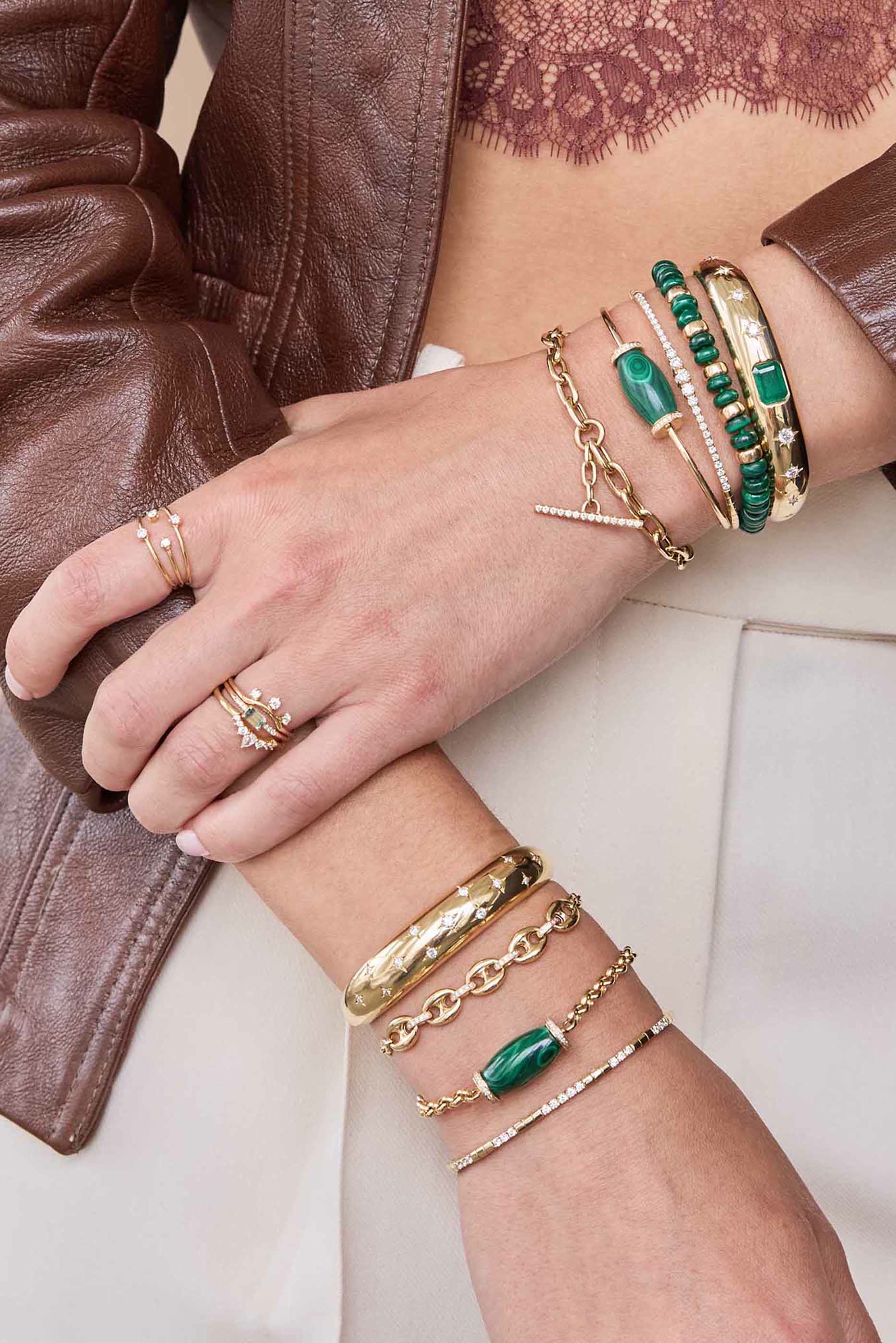  Rondelle Bead Bracelet, 14K Yellow Gold & Malachite