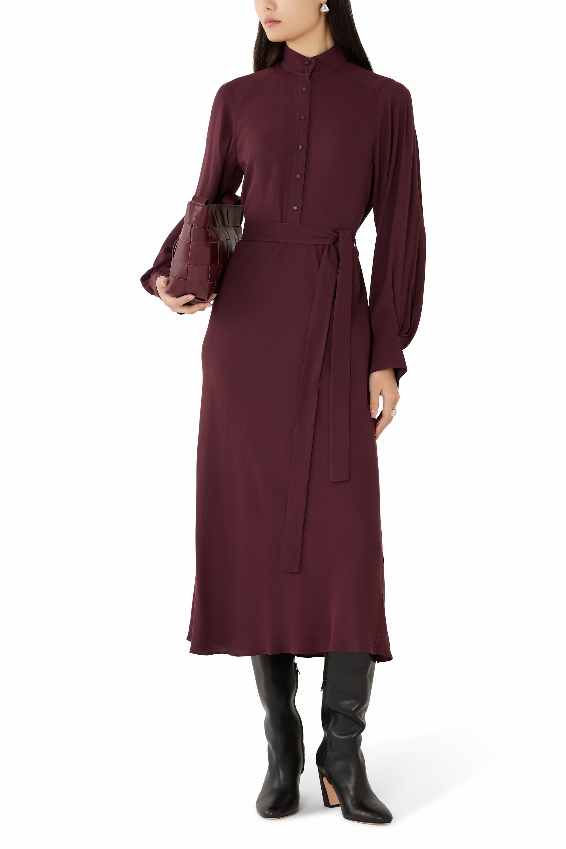 Crepe Collar-Stand Shirt Dress