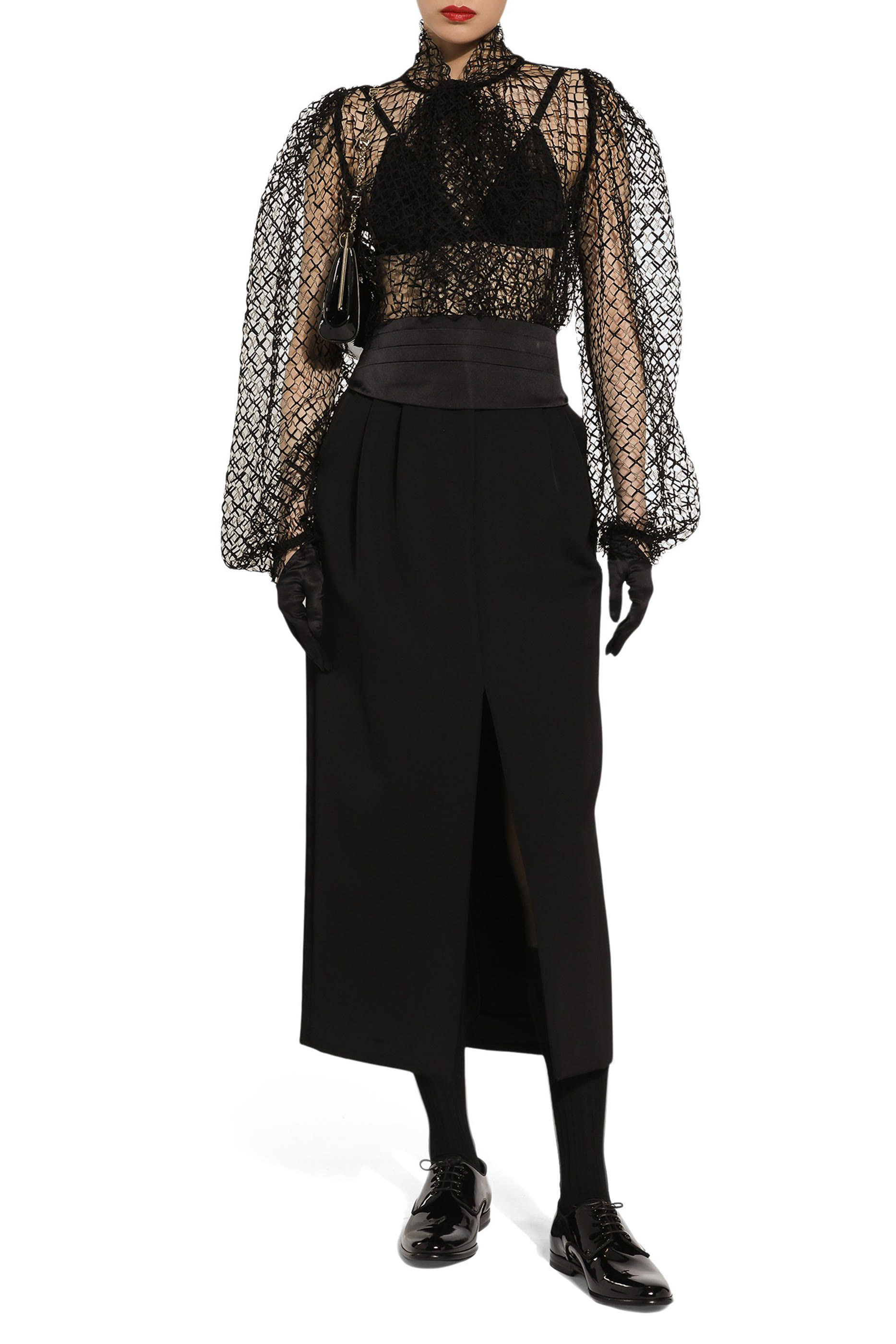 Wool Gabardine Calf-Length Tuxedo Pencil Skirt