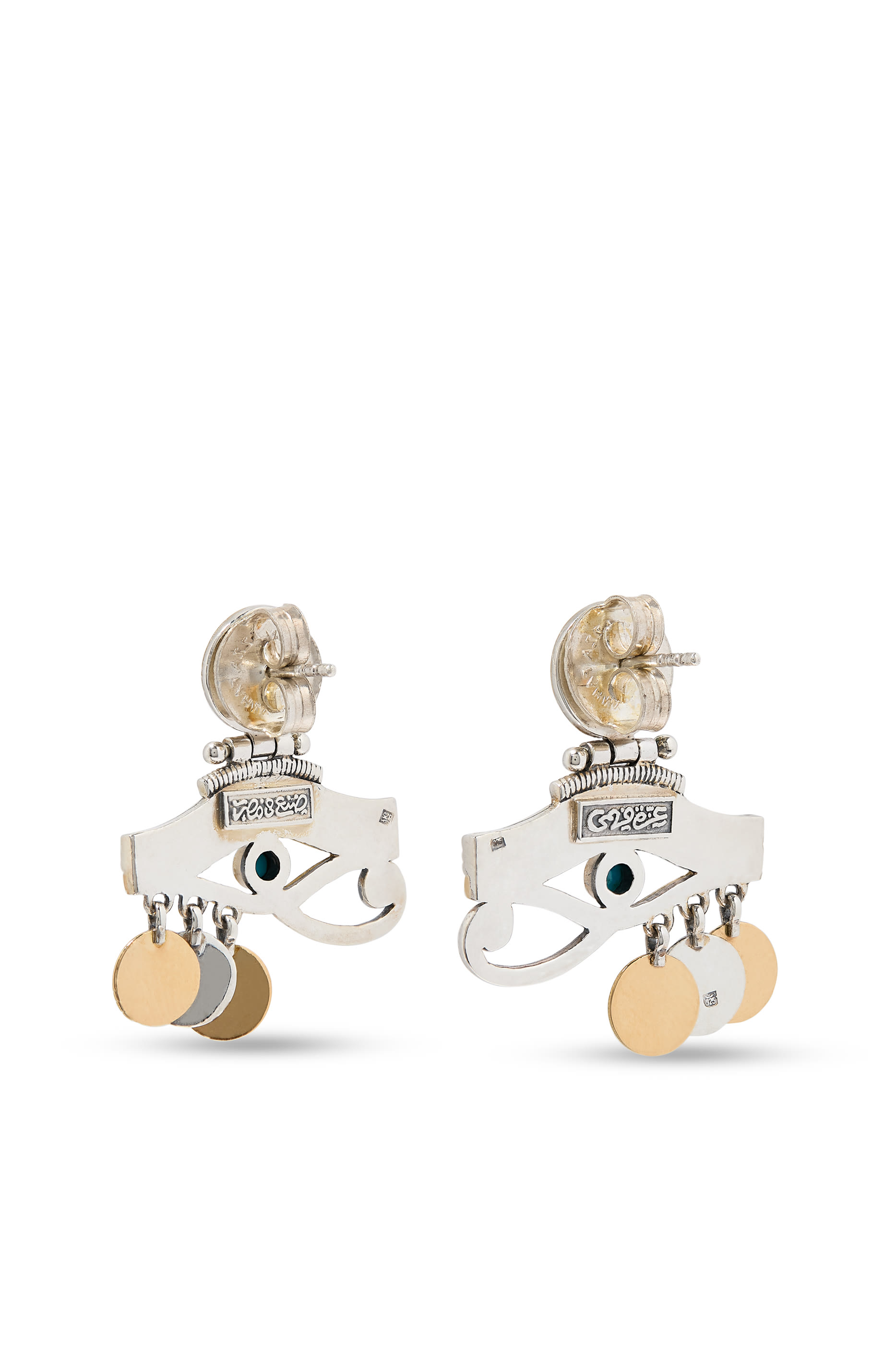 Eye of Horus Earrings, 18K Yellow Gold with Sterling Silver &  Turquoise 