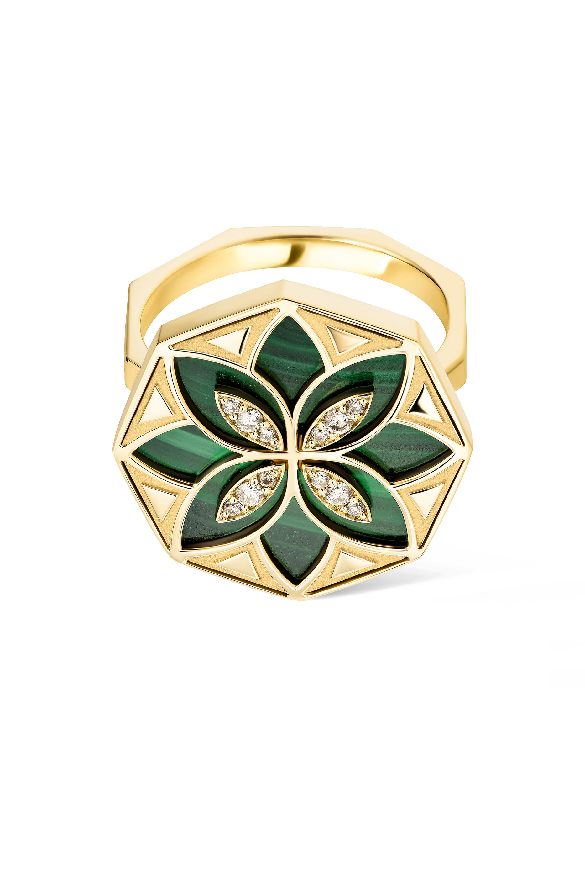 Ward Turath Small Ring, 18k Yellow Gold & Malachite, Diamonds